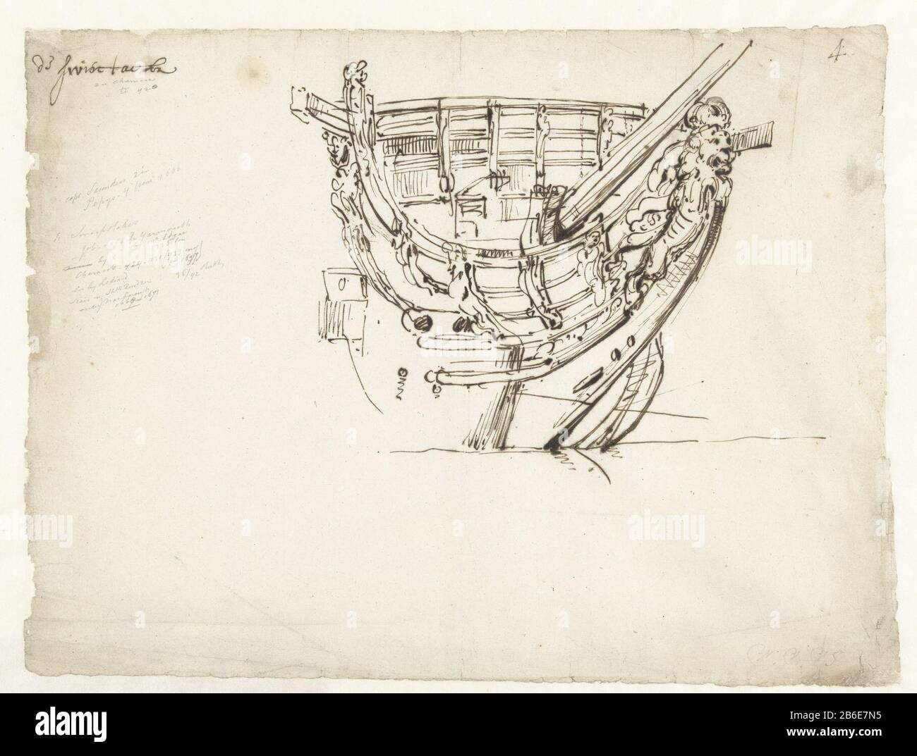 Prua della nave inglese Concorso a premi Bow of the English ship Concorso A premi tipo Di Proprietà: Disegno numero Oggetto: RP-T 1961-108 fabbricante : artista: Willem van de Velde (II) Datato: 1666 - 1707 caratteristiche Fisiche: Penna in materiale marrone: Inchiostro carta Tecnica: Penna dimensioni : H 307 mm × W 405 mm Oggetto: Marina (+ velieri) vela-nave, vela-barca parti esterne della nave: Bownames o manufatti e oggetti artificiali (esclusi gli edifici) (CON NOME) Che: Lotterie (nave) Foto Stock