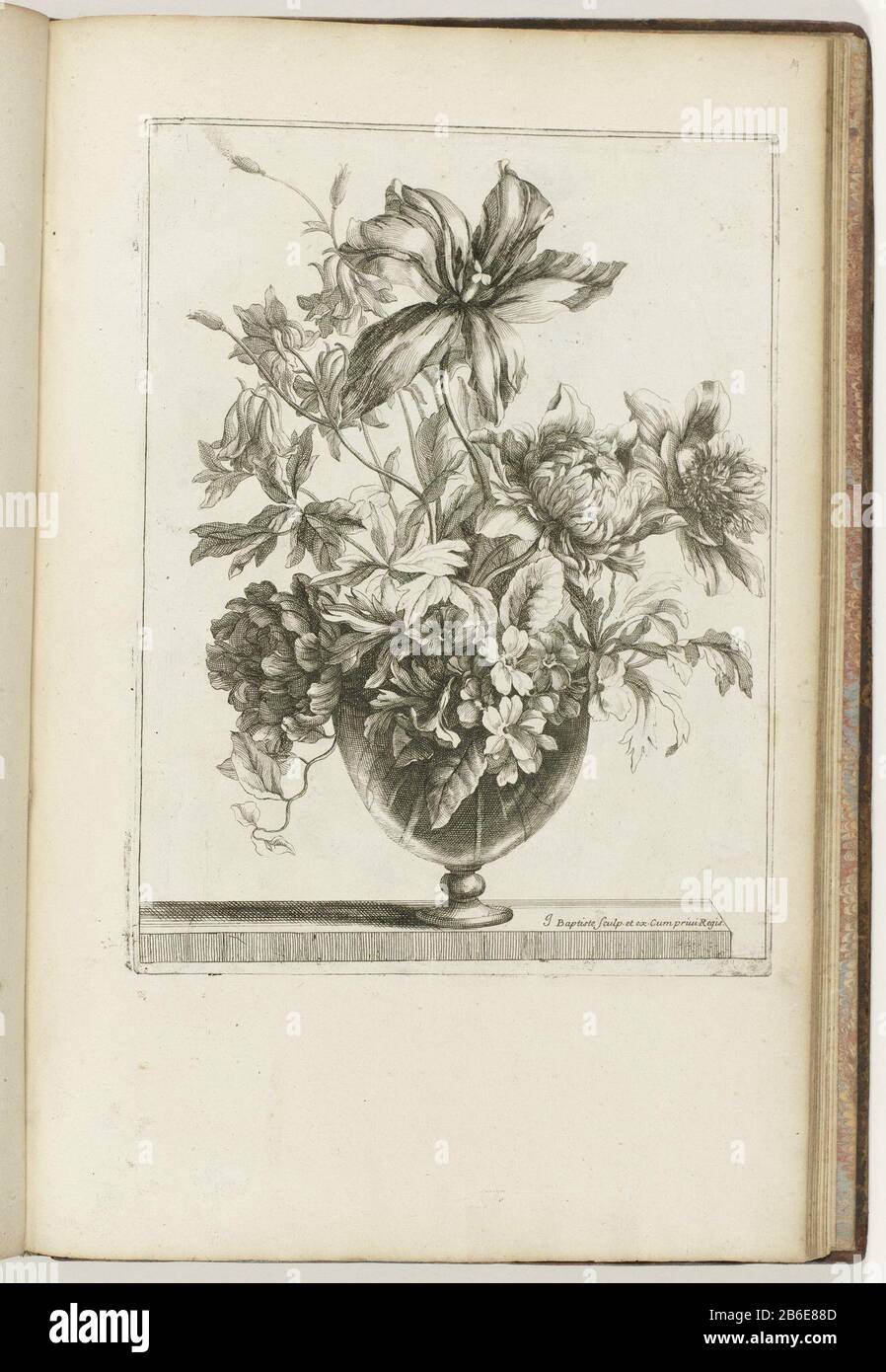 Bouquet in vaso di vetro vasi Les diafanes (titolo della serie) Bouquet in vaso di vetro. Stampa parte di un album. Produttore : printmaker Jean Baptiste Monnoyer (proprietà in elenco) Designed by Jean Baptiste Monnoyeruitgever Jean Baptiste Monnoyer (proprietà in elenco) fornitore di privilegio: Louis XIV (Re di Francia) (elencato sull'oggetto) Fabbricazione Del Luogo: Parigi Data: CA. 1680 - ca. 1695 caratteristiche Fisiche: Materiale di incisione: Carta Tecnica: Dimensioni di incisione: Bordo della lastra: H 287 mm × W 216 mm Oggetto: Fiori in vaso Foto Stock
