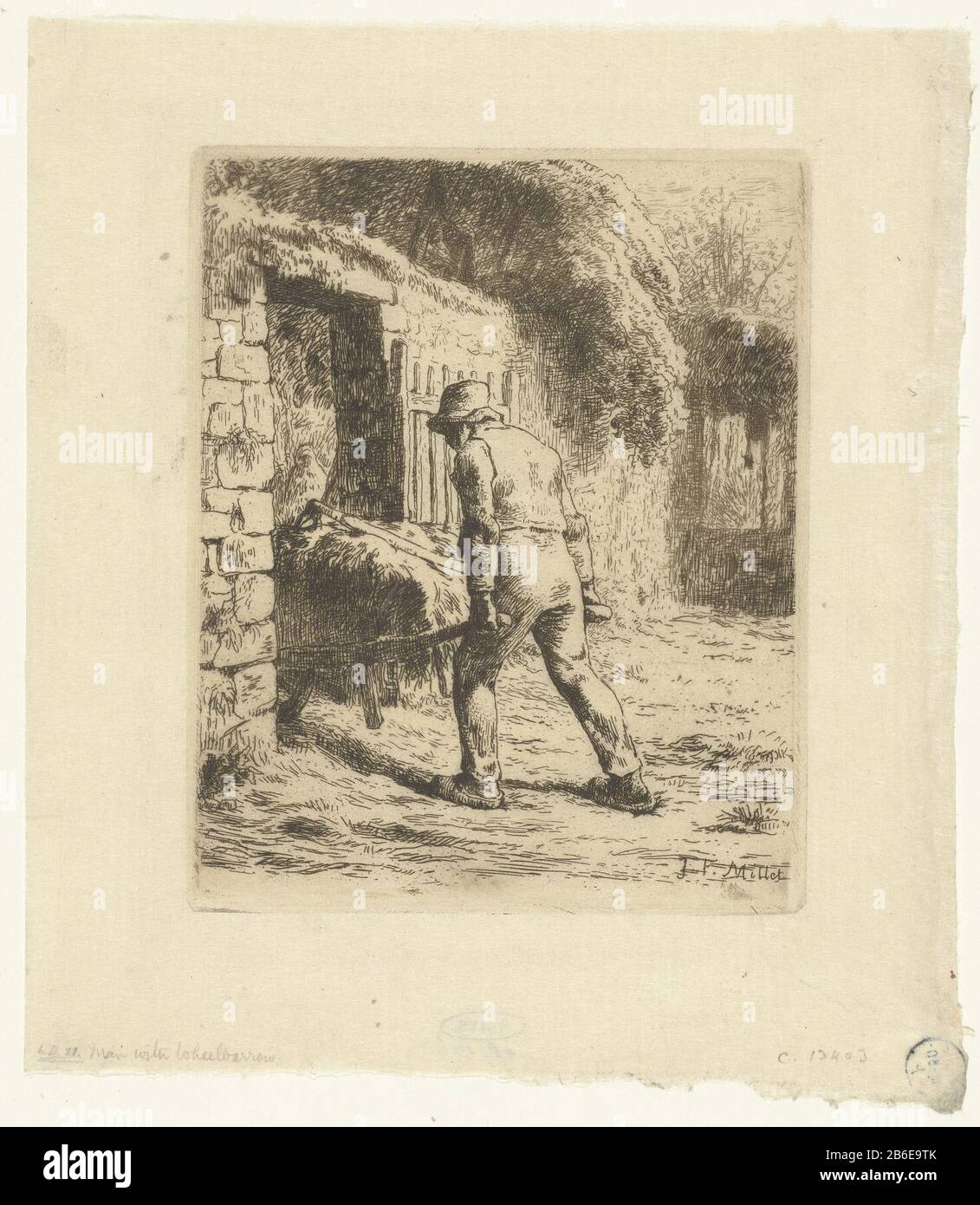 Farmer Walks with wheelbarrow on barnyard le paysan rentrant du fumier Farmer Walking with wheelbarrow on boerenerfle paysan rentrant du fumier Oggetto tipo : immagine numero articolo: RP-P-1949-106Catalogusreferentie: Delteil 11-3 (4) Marking / Brands: Collector's mark, reverse bottom center, timbrato: Lugt 2228stempel , verso sinistra, timbrato: Timbrato: Timbro rotondo con lettere e numeri, inintelligibile fabbricante di fabbricazione: Stampatore: Jean-François Millet (edificio elencato) nel suo disegno: Jean-François Millet Data: 1855 caratteristiche Fisiche: Incisione su carta sottile materiale: Carta Tecnica: Incisione dimensione Foto Stock