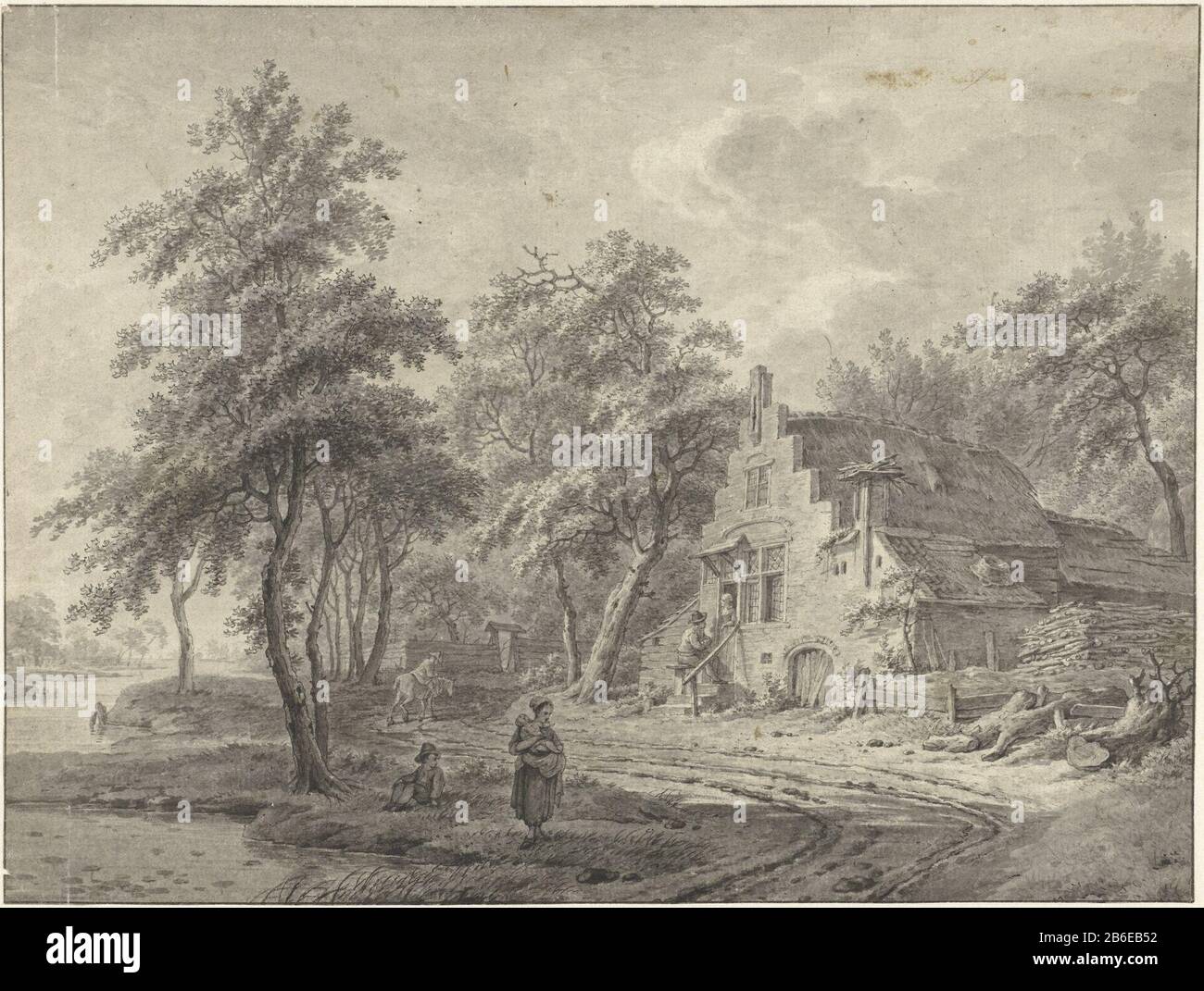 Azienda agricola in campagna, su una strada di campagna tipo oggetto: Disegno numero Oggetto: RP-T-1958-36 Produttore : disegnatore: Leendert Overbeek Data: 1762 - 1815 caratteristiche Fisiche: Matita, penna o pennello in grigio materiale: Carta inchiostro matita Tecnica: Penna / pennello dimensioni: H 230 mm × W 305 mm Oggetto: fattoria o casa solitaria in paesaggio e. Foto Stock