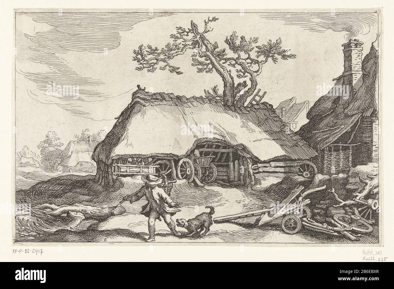 Farm and man and dog barking Landscapes with Farms (series title) Farm and man and dog barking Scenery with Farms (series title) Property Type: Print Serial Number: 6 / 20Objectnummer: RP-P-BI 2417Catalogusreferentie: Hollstein Dutch 343Roethlisberger 235 Iscrizioni / marchi: Collector's mark, vero Lower left, timbrato: Lugt 240 Produttore : printmaker: Boëtius Adamsz. Bolswertnaar design: Abraham Bloemaert Place manufacture: Amsterdam Data: 1614 caratteristiche Fisiche: Materiale di incisione: Tecnica della carta: Incisione dimensioni: Foglio: H 157 mm × W 245 mmToelichtingPrent dalla serie di Twenty histed Foto Stock