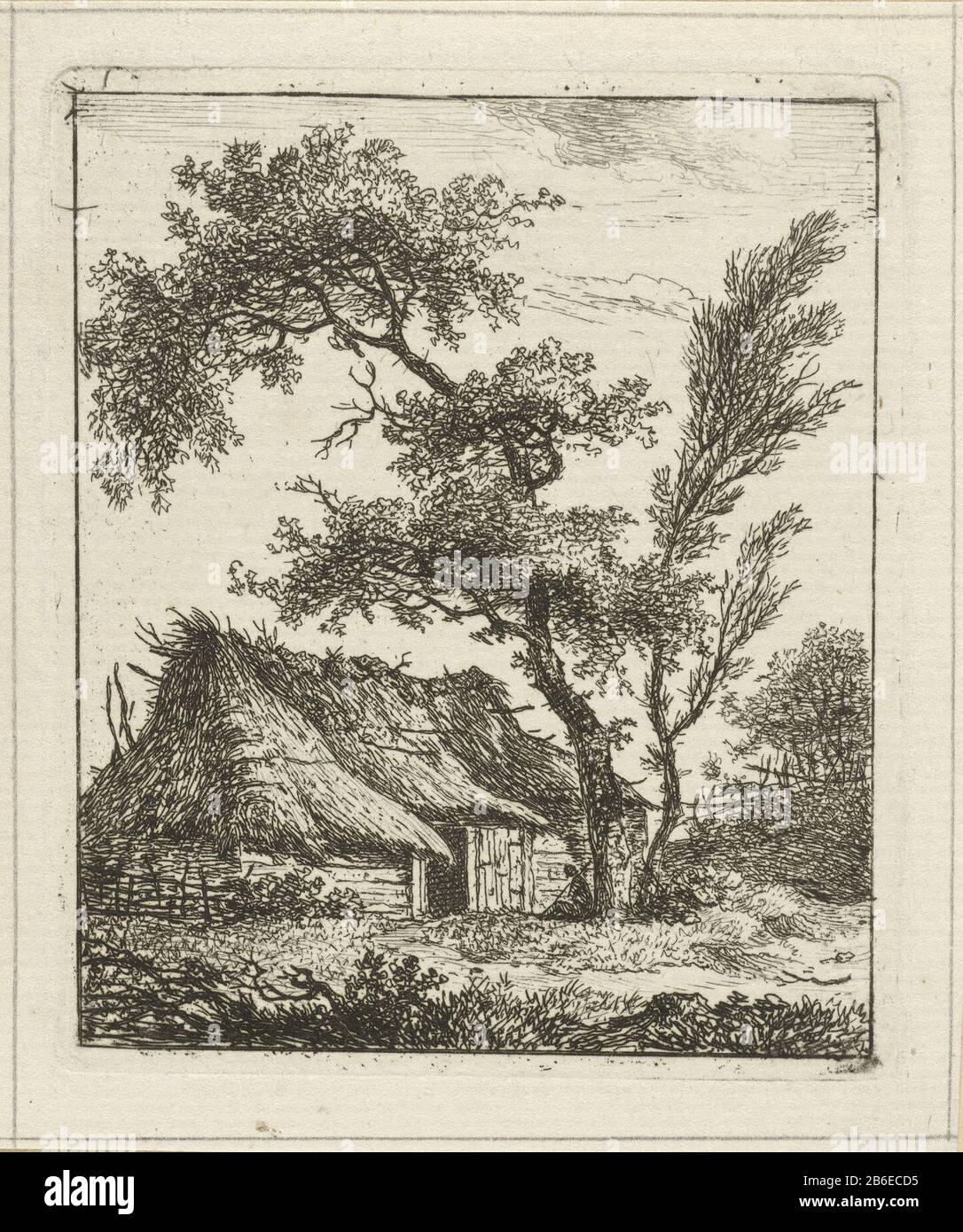 Casa colonica con tetto di paglia e due alberi Vista di una casa colonica con tetto di paglia. Di fronte alla porta c'è una persona contro un alto albero aan. Produttore : stampatore Hermanus FockPlats prodotto: Amsterdam Data: 1781 - 1822 caratteristiche Fisiche: Acquaforte materiale: Tecnica della carta: Acquaforte dimensioni: Bordo della lastra: H 82 mm x W 70 mm Oggetto: Fattoria o casa solitaria in paesaggio Foto Stock