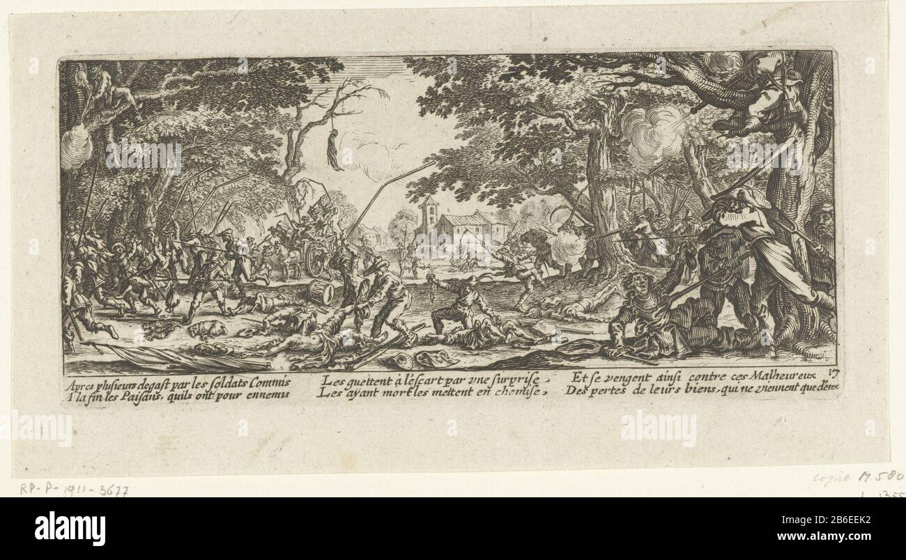 Gli agricoltori si vendicano sui soldati tristi miserie di Oorloogh (titolo della serie) gli orrori della guerra (grande) (titolo della serie) sul bordo di un villaggio prendere gli agricoltori con scythes e pipistrelli soldati pascolare. Sotto il francese mostra un versetto a sei righe. Questa stampa fa parte di una serie di 17 (18 incluso frontespiece.) stampe con rappresentazioni di vari tipi di guerra di miseria stessa meebrengt. Produttore : stampare da Jacques Callotprentmaker: Produttore anonimo: Michel de Marollesuitgever: Leonard Schenk (possibile) Luogo di produzione : tipografo: I Paesi Bassi (possibile) editore: Amsterdam Data: 1677 - Foto Stock