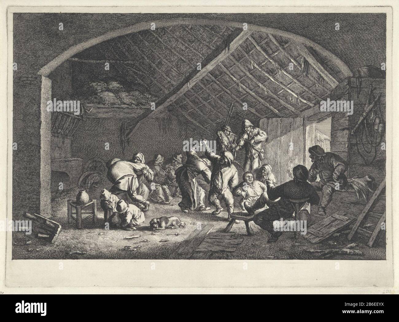 Boerendans in un fienile in un fienile sotto coaching il gioco di un giocatore bagpipe e una violinista esuberante ballato da diverse coppie. Altri guardano, fumano i loro tubi o eseguono un gesprek. Produttore : stampatore Jan de Visscher alla pittura: Adriaen van Ostade Luogo fabbricazione: Paesi Bassi del Nord Data: 1643 - 1692 caratteristiche Fisiche: Materiale di incisione: Tecnica della carta: Incisione dimensioni: Bordo della piastra: H 262 mm × W 359 mm Oggetto: Inn, coffee-house, public house, etc.flute, aulos, tiiadancingshed Foto Stock