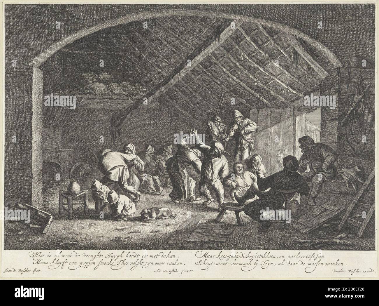Boerendans in un fienile in un fienile sotto coaching il gioco di un giocatore bagpipe e una violinista esuberante ballato da diverse coppie. Altri guardano, fumano i loro tubi o eseguono un gesprek. Produttore : printmaker Jan de Visscher (listed property) to painting: Adriaen van Ostade (listed building) publisher: Nicolaes Visscher (i) (listed building) Place manufacturing : printmaker: Northern Netherlands Editore: Amsterdam Data: 1643 - 1709 caratteristiche Fisiche: Acquaforte materiale: Tecnica: Incisione dimensioni: Foglio: H 260 mm × W 354 mm Oggetto: shedinn, casa del caffè, casa pubblica, etc.dancingflu Foto Stock