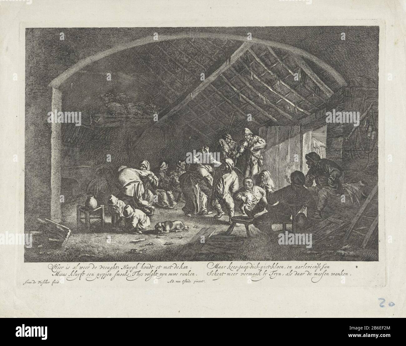 Boerendans in un fienile in un fienile sotto coaching il gioco di un giocatore bagpipe e una violinista esuberante ballato da diverse coppie. Altri guardano, fumano i loro tubi o eseguono un gesprek. Produttore : printmaker Jan de Visscher (proprietà in elenco) alla pittura: Adriaen van Ostade (proprietà in elenco) Luogo produzione: Nord Paesi Bassi Data: 1643 - 1709 caratteristiche Fisiche: Materiale di incisione: Tecnica della carta: Dimensioni di incisione: Bordo della piastra: H 262 mm × W 359 mm Oggetto: Shedinn, coffee-house, public house, etc.dancingflute, aulos, tibia Foto Stock