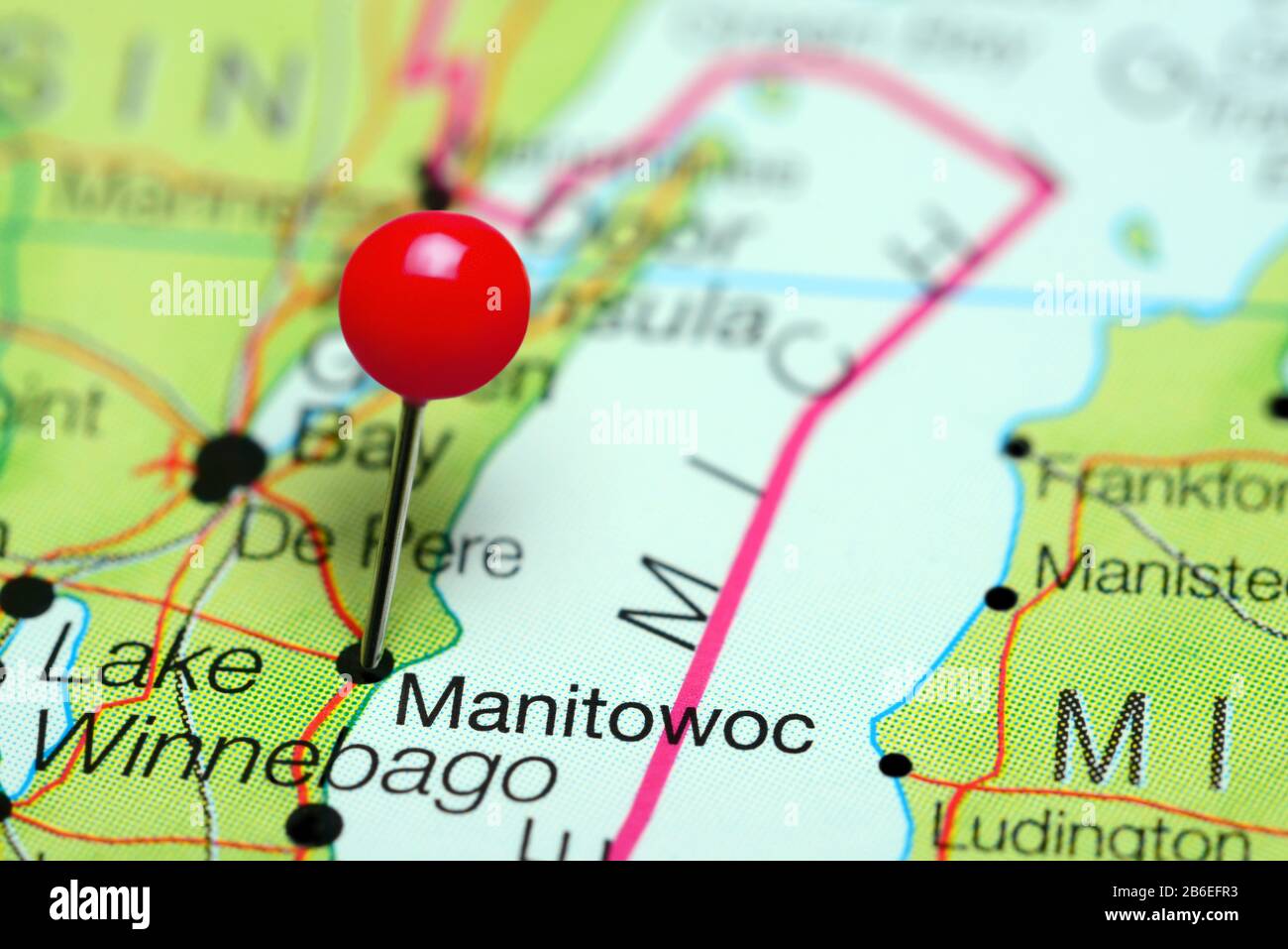 Manitowoc è stato bloccato su una mappa del Wisconsin, USA Foto Stock