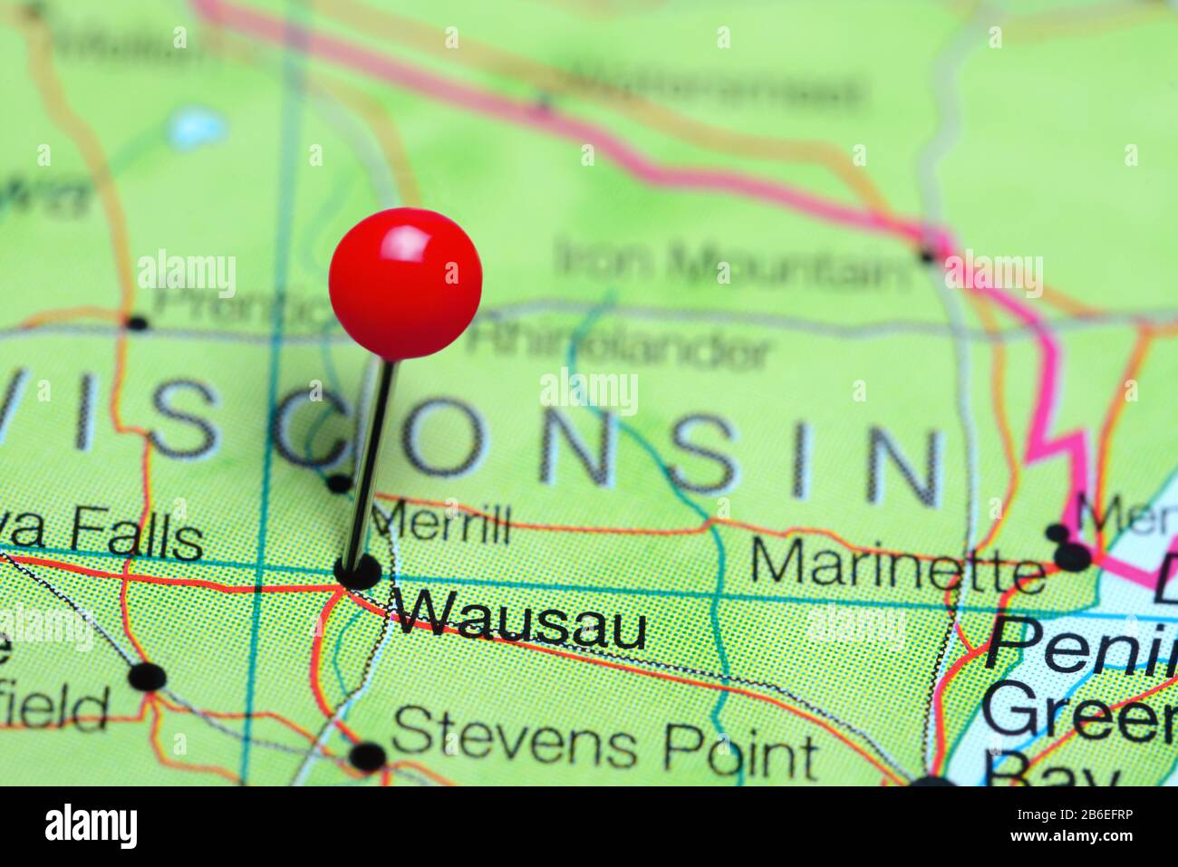 Wausau è stato bloccato su una mappa del Wisconsin, USA Foto Stock