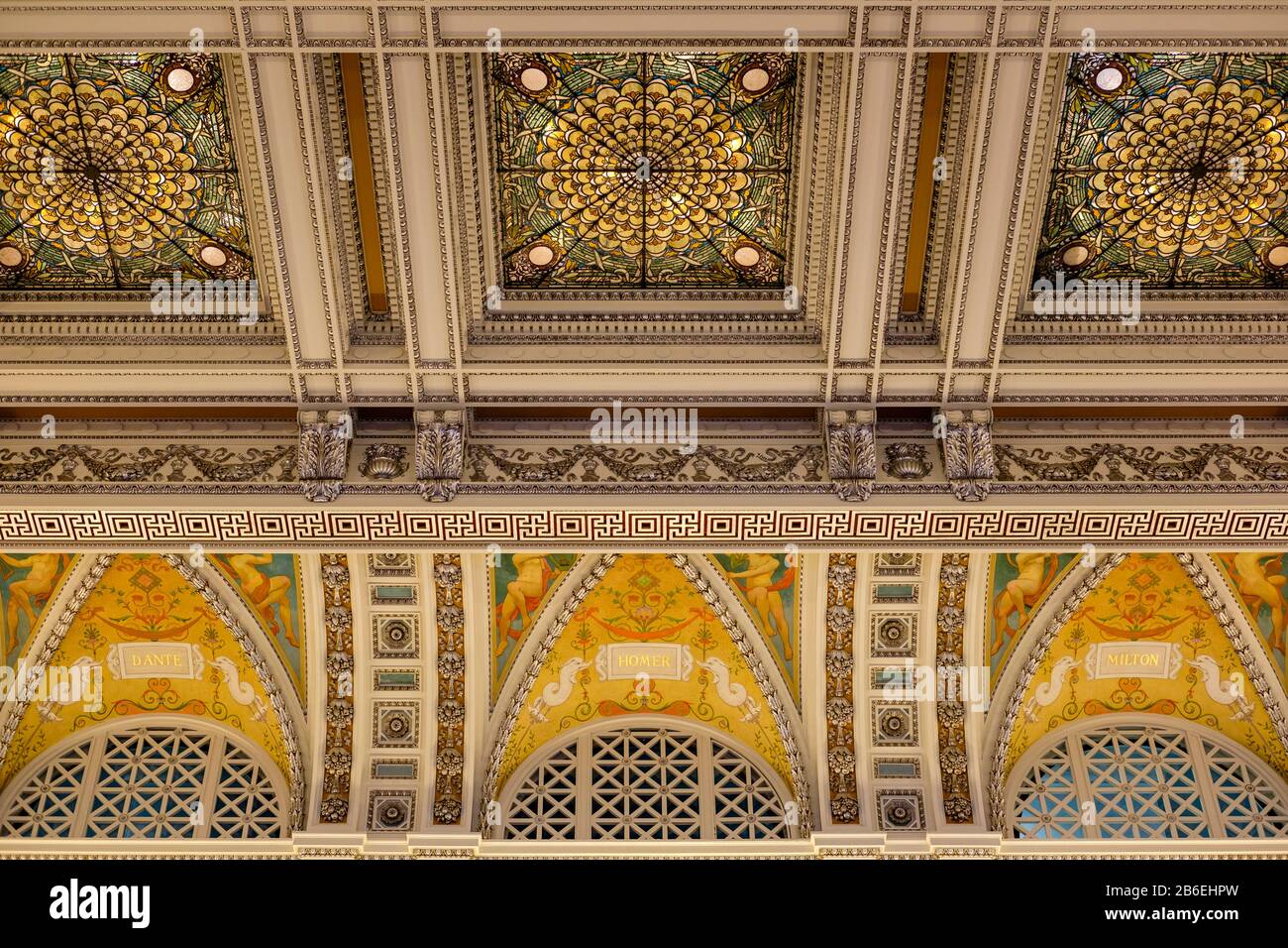 Dettaglio della Biblioteca del Congresso Grande soffitto Hall, Thomas Jefferson Building, Washington, DC, USA. Foto Stock
