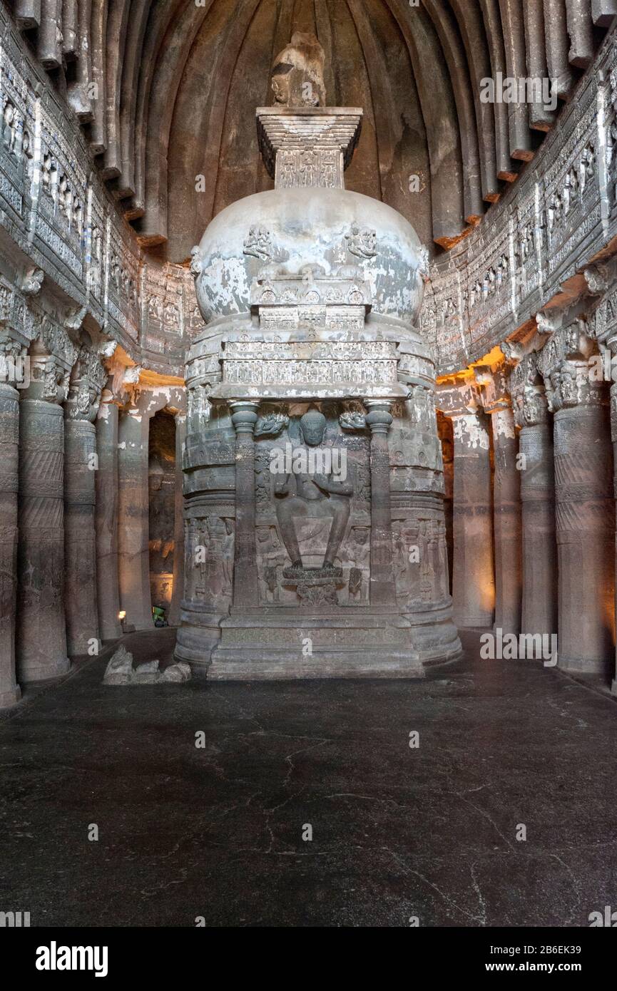 Interni Della Grotta 26, Ajanta Caves, Aurangabad, Maharashtra, India Foto Stock