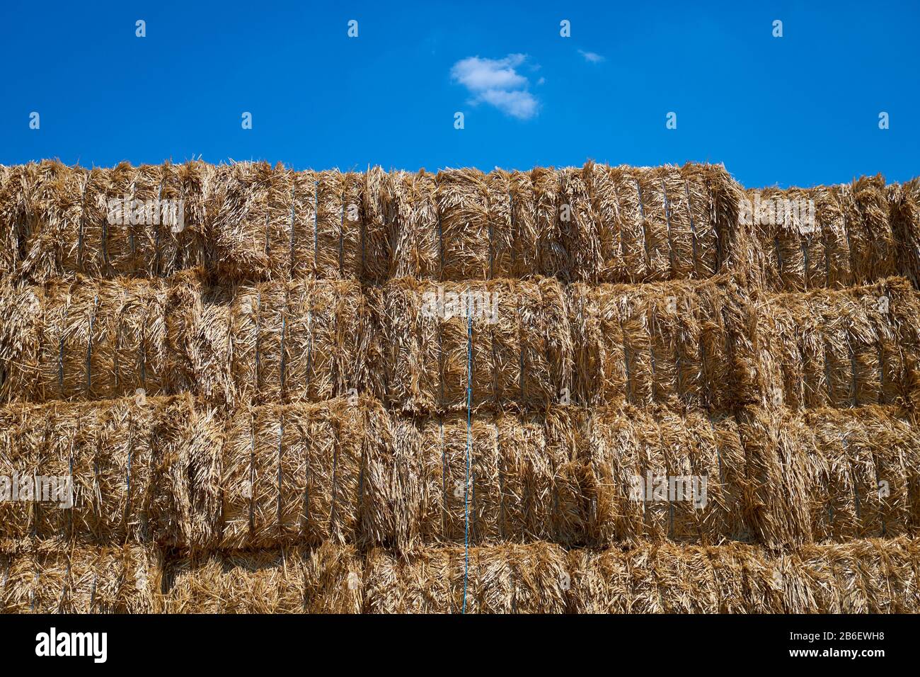 Una vista spettacolare di una pila di balle di fieno in un campo con un bel cielo blu. A Victoria, Australia. Foto Stock