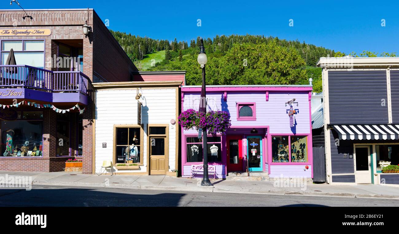 Edifici lungo una strada, Main Street, Park City, Utah, Stati Uniti Foto Stock
