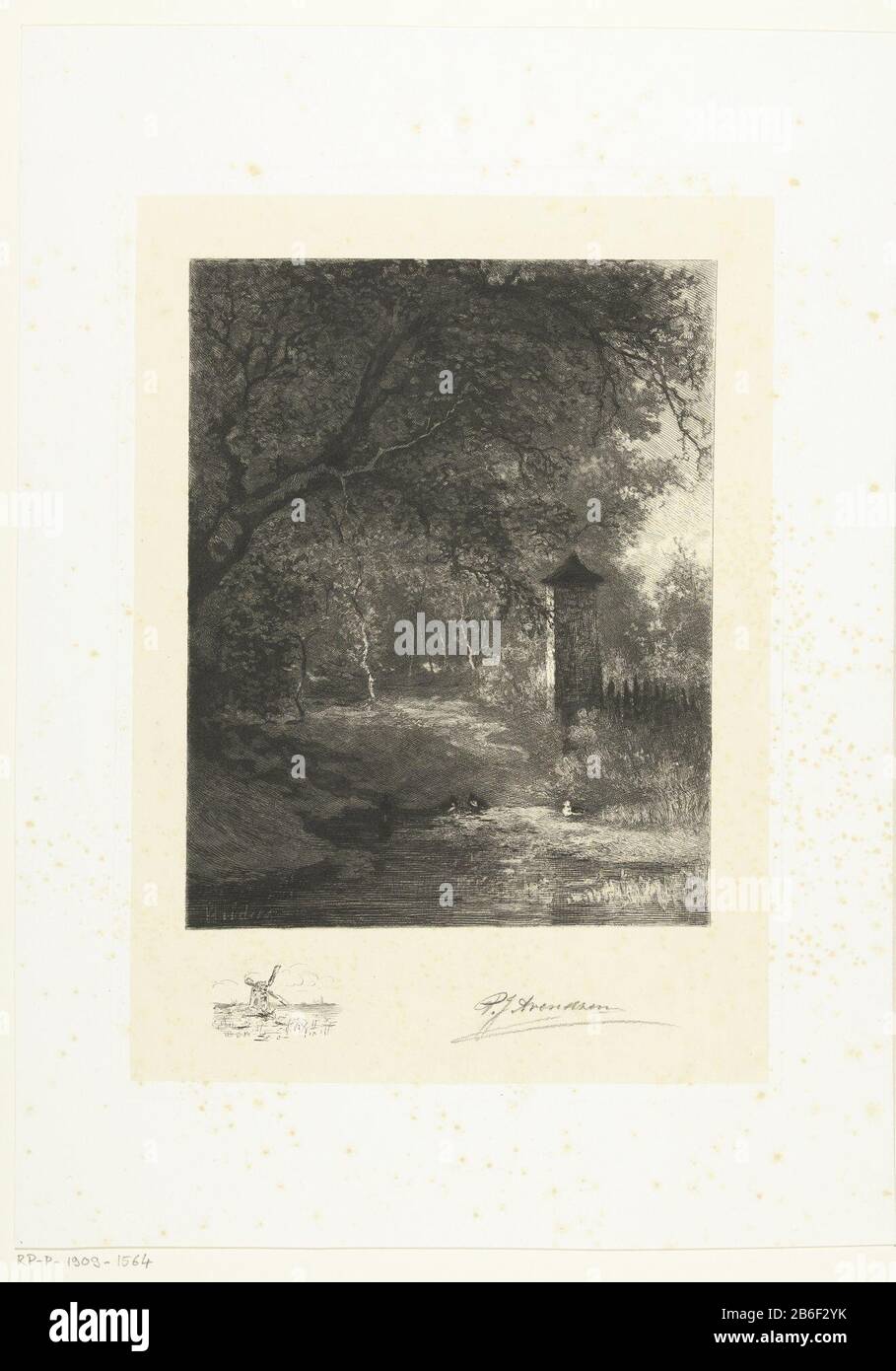 Scena forestale scena boschiva con stagno e anatre. Nel margine di un paesaggio con molen. Produttore : stampatore: Petrus Johannes Arendzen (indicato sull'oggetto) Fabbricazione Del Luogo: Paesi Bassi Data: 1856 - 1909 caratteristiche Fisiche: Incisione stampata su collé di chine Materiale: Chine collé Tecnica: Incisione dimensioni: Bordo della piastra: H 338 mm × W 242 mmToelichtingColl . La Faille Oggetto: Foresta, appalti di legno e legale Foto Stock