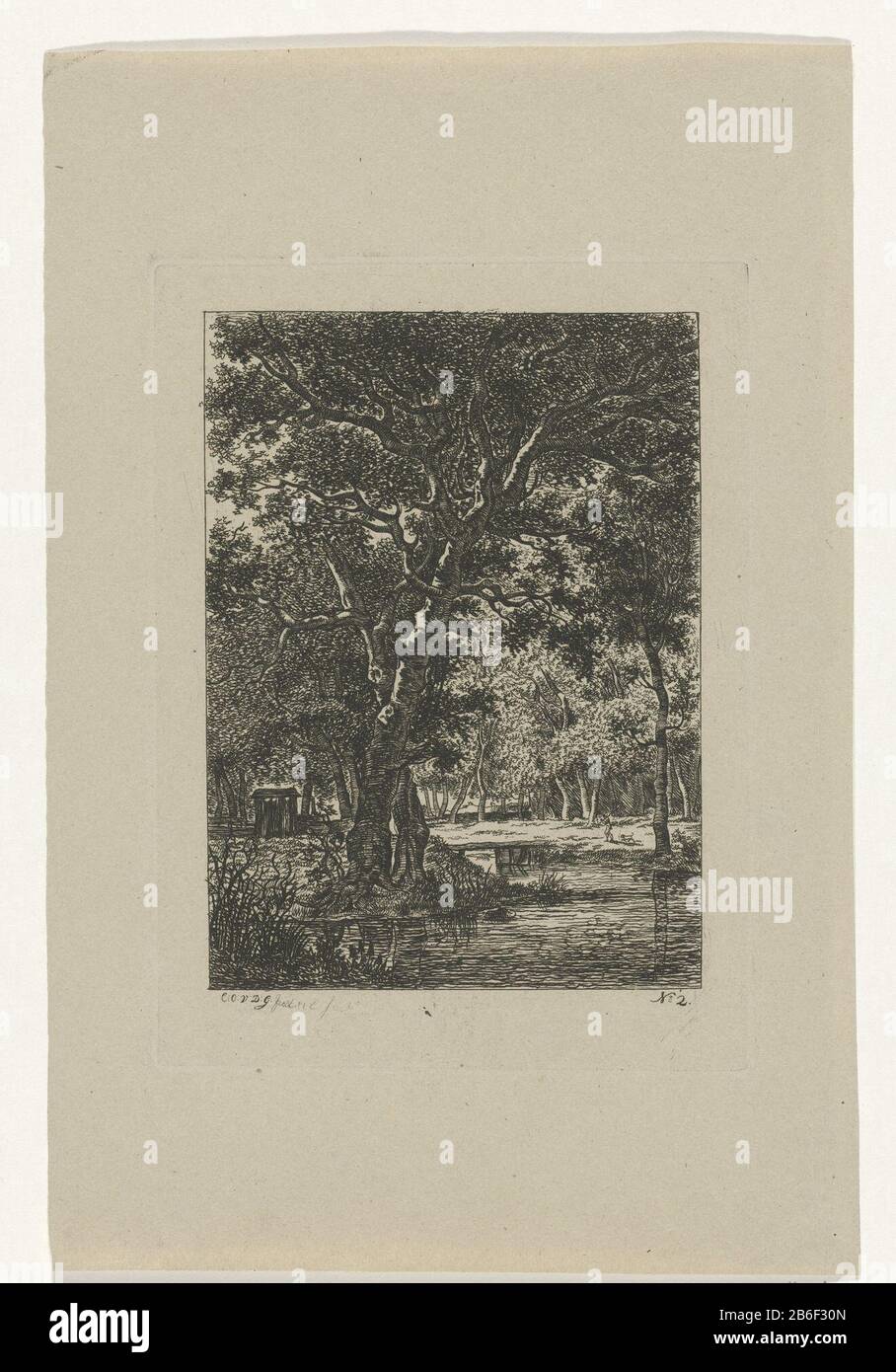 Foresta vista bosco scena con un fiume e sinistra una capanna. Produttore : stampatore Cornelis OOutoler van der Griendt (indicato sull'oggetto) Data: 1807 - 1868 caratteristiche Fisiche: Materiale di incisione: Carta Tecnica: Dimensioni di incisione: Bordo della lastra: H 155 mm × W 115 mm Foto Stock