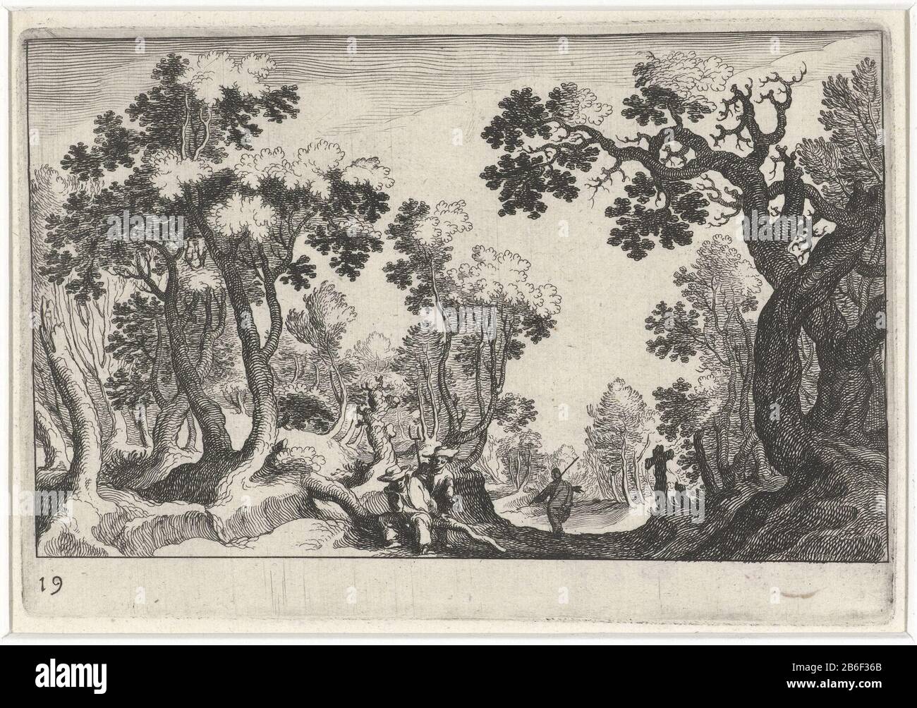 Paesaggio boscoso con gli agricoltori paesaggi dell'Europa meridionale (titolo della serie) Topographia Variarum Regionum (titolo della serie) Due agricoltori in una foresta. Un terzo uomo cammina sulla spalla con un bastone tra i bombardieri. Produttore : tipografo Simon Frisiusnaar design: Matthijs Bril Editore: Hendrick Hondius (i) fornitore di privilegio: Luogo fabbricazione: Stampatore: Nord Olanda Editore: L'Aia Concedente di privilegio: Sconosciuto Data: 1611 caratteristiche Fisiche: Acquaforte materiale: Carta Tecnica: Incisione dimensioni: Bordo della piastra: H 107 mm × W 156 mm Oggetto: paesaggi (+ paesaggio con fi Foto Stock