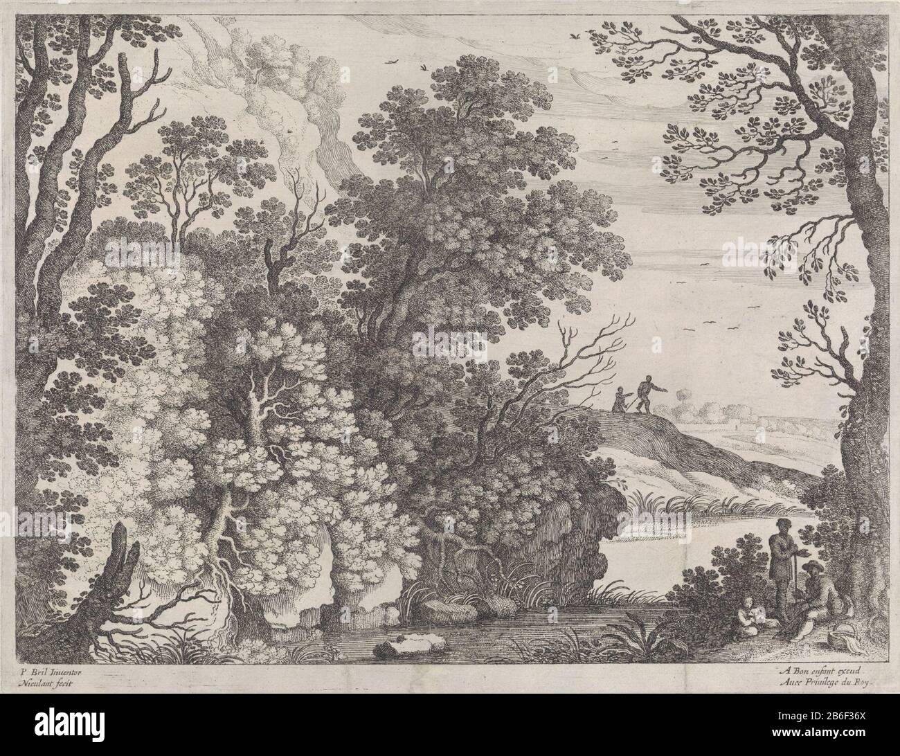 Paesaggi boschivi italiani (titolo della serie) in primo piano una foresta con un ruscello. Proprio sulla riva due uomini e un bambino che gioca con un cane sotto un albero. Nell'ambiente collinare con due figure. Stampa una serie di landschappen italiani. Produttore : stampatore Willem van Nieulandt (II) (edificio elencato), progettato da Paul Bril (edificio elencato) Editore: Antoine Bonenfant (proprietà elencata) fornitore di privilegio sconosciuto (oggetto elencato) Luogo produzione: Anversa Data: 1594 - 1635 caratteristiche Fisiche: Incisione ed engra; materiale di prova: Carta Tecnica: Incisione / engra (processo di stampa Foto Stock