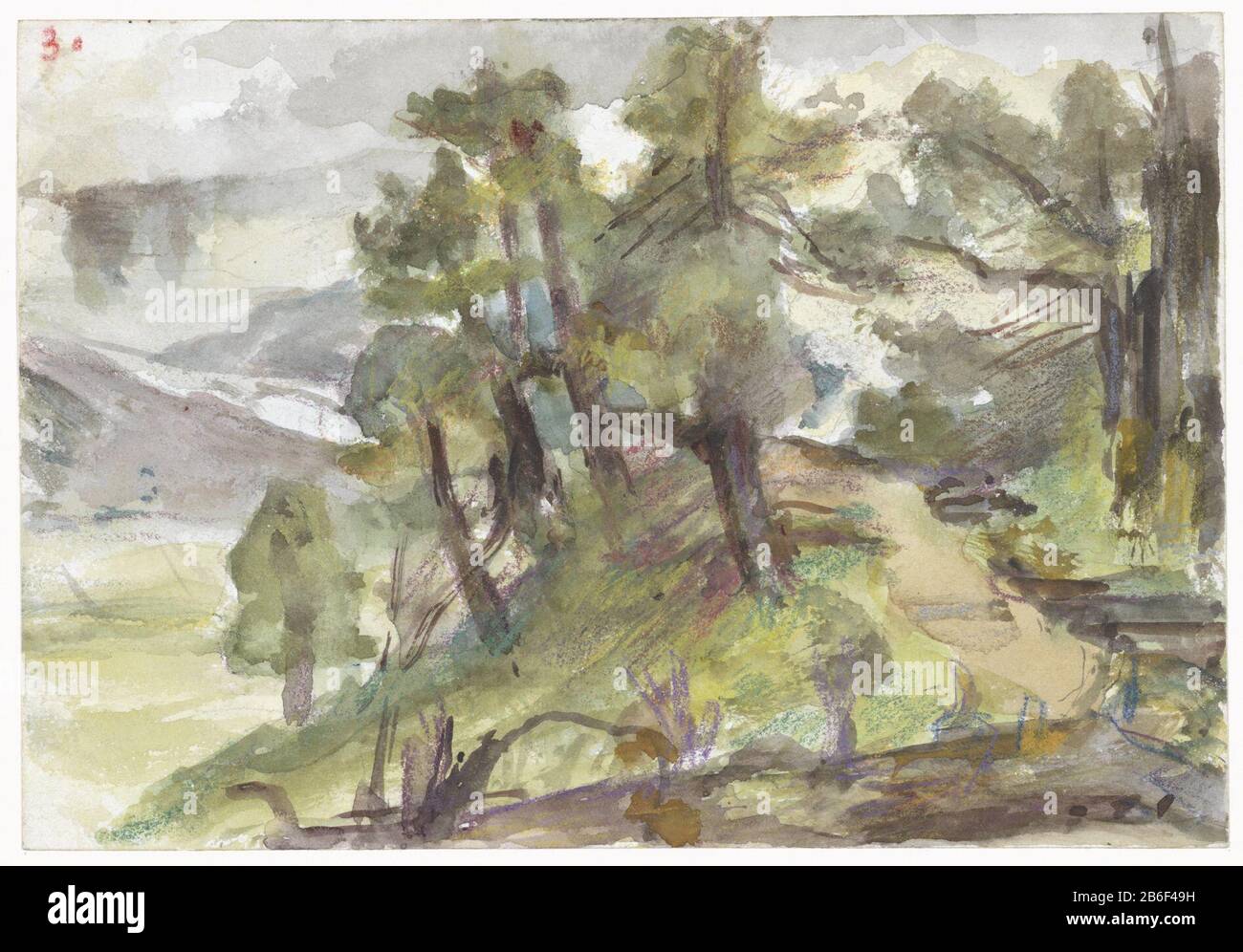 Colline boscose colline Woody tipo di oggetto: Disegno acquerello numero articolo: RP-T 1979-296 Produttore : artista Joseph Israel Appuntamenti: 1834 - 1911 caratteristiche Fisiche: Gesso colorato, pennello e colori in acquerello materiali: Carta gesso acquerello tecnica: Dimensioni spazzola: H 125 mm b × 182 mm Oggetto: Foresta, legno Foto Stock