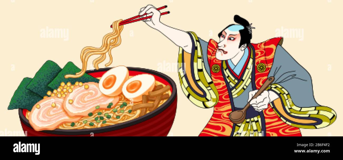 L'uomo sta per mangiare ramen in stile ukiyo-e Illustrazione Vettoriale