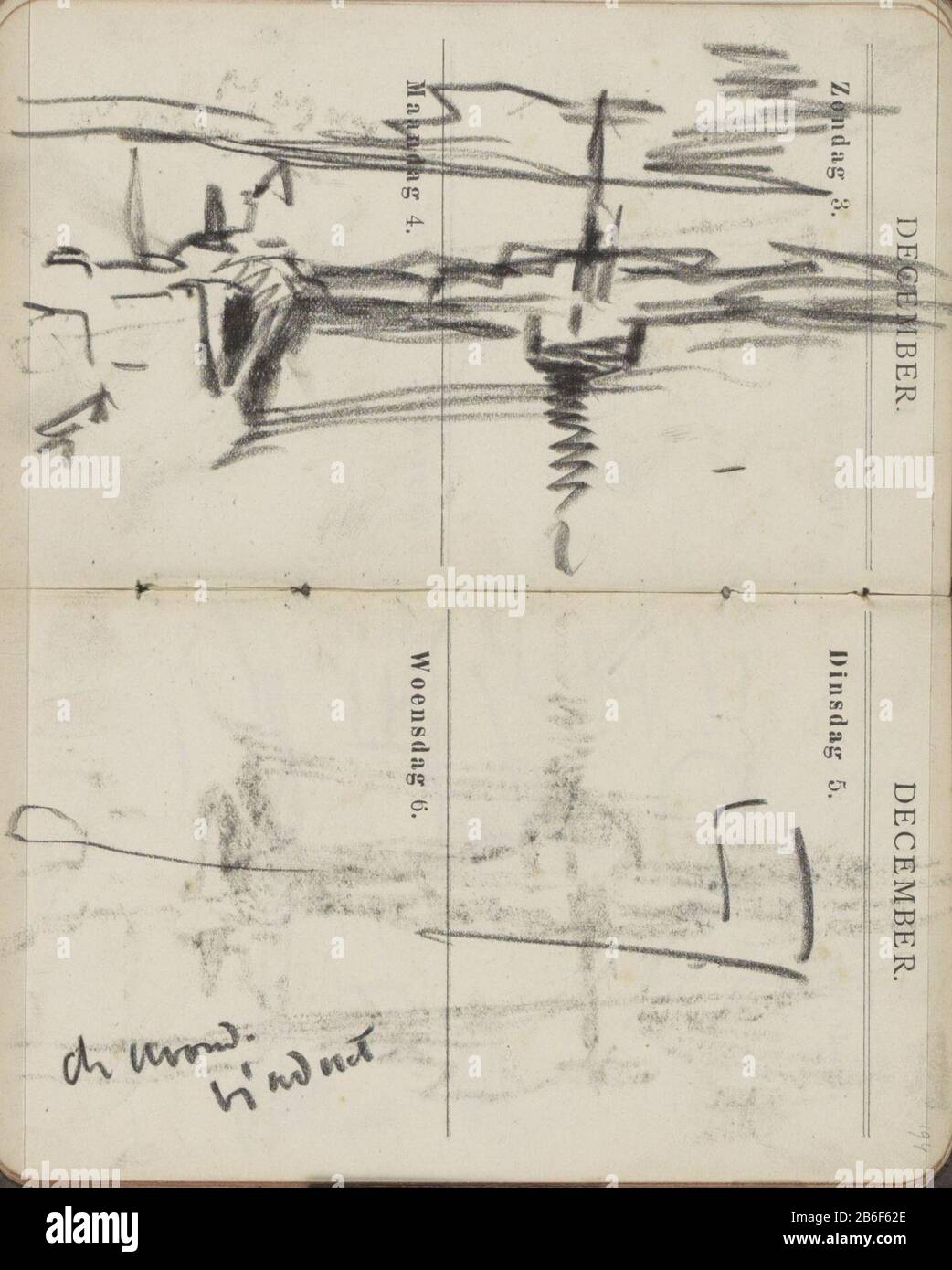 Barche, visto da un ponte di Amsterdam pagina 193 e pagina 194 di uno come Sketchbook utilizzato calendario con 108 bladen. Produttore : artista George Hendrik Breitner Luogo fabbricazione: Amsterdam Data: 1893 caratteristiche Fisiche: Gesso nero materiale: Carta Soggetto gesso: Viaduct navi (in generale) canali, acqua (in città) Dove: Amsterdam Foto Stock