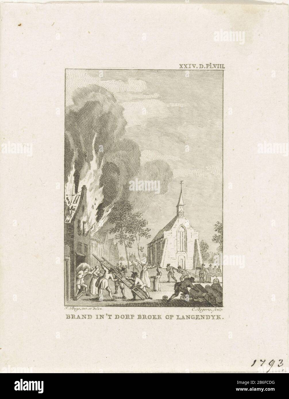 Incendio in Broek op Langedijk, 1793 incendio nel villaggio Broek Langendyk (oggetto del titolo) incendio in Broek op Langedijk, 11 aprile 1793. Diritto firmato: XXIV.D.Pl.VIII. Produttore : stampatore Cornelis Bogerts (edificio elencato) per disegnare : Jacobus Acquista (indicato sull'oggetto) Luogo di produzione: Nord Paesi Bassi Data: 1793 - 1795 caratteristiche Fisiche: Incisione ed engra materiale: Carta Tecnica: Incisione / engra (processo di stampa) Misure: Foglio: H 128 mm × W 100 mmToelichtingGeikbrukton come illustrazione in: J. Fokke, Storie dei Paesi Bassi Uniti per la gioventù patriottica, Johannes Allart, Foto Stock