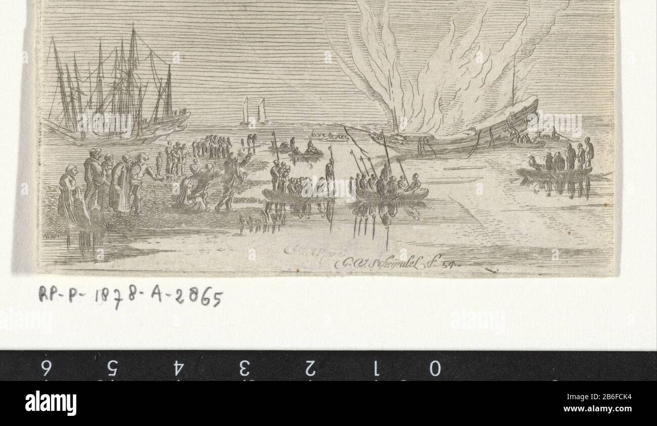 Nave ardente una nave ardente circondata da diverse barche. A distanza, figure o tabelle a kijken. Produttore : stampatore: Gillis di Scheyndel (i) (mostrato sull'oggetto) Luogo di fabbricazione: I Paesi Bassi Data: 1605 - 1653 caratteristiche Fisiche: Materiale di incisione: Tecnica della carta: Dimensioni di incisione: Foglio: H 52 mm × b 88 mm Oggetto: Incendio (o città Conquistata) (+ navi a vela) Foto Stock