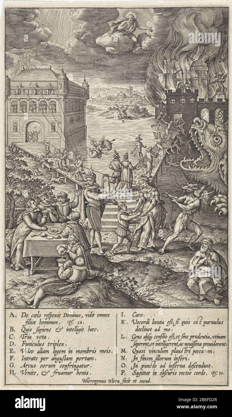 Strada larga e stretta un gruppo di festa in prima linea di un tavolo (a sinistra) e un uomo che prega (a destra). La stretta strada conduce al cielo, rappresentato come un palazzo bagnato dalla luce celeste, l'ampia strada per l'inferno, rappresentato come un castello ardente con la mastra gaping del mostro nel fossato. Un diavolo in primo piano sta cercando di corda un uomo del modo giusto per sottrarre. Cristo sta guardando da una nuvola. Le varie figure e scene sono indicate con lettere AP che si riferiscono alla leggenda nella marge. Produttore : printmaker: Jerome Who: Rix (listed building) Editore: Hieronymus Wierix (listed prope Foto Stock