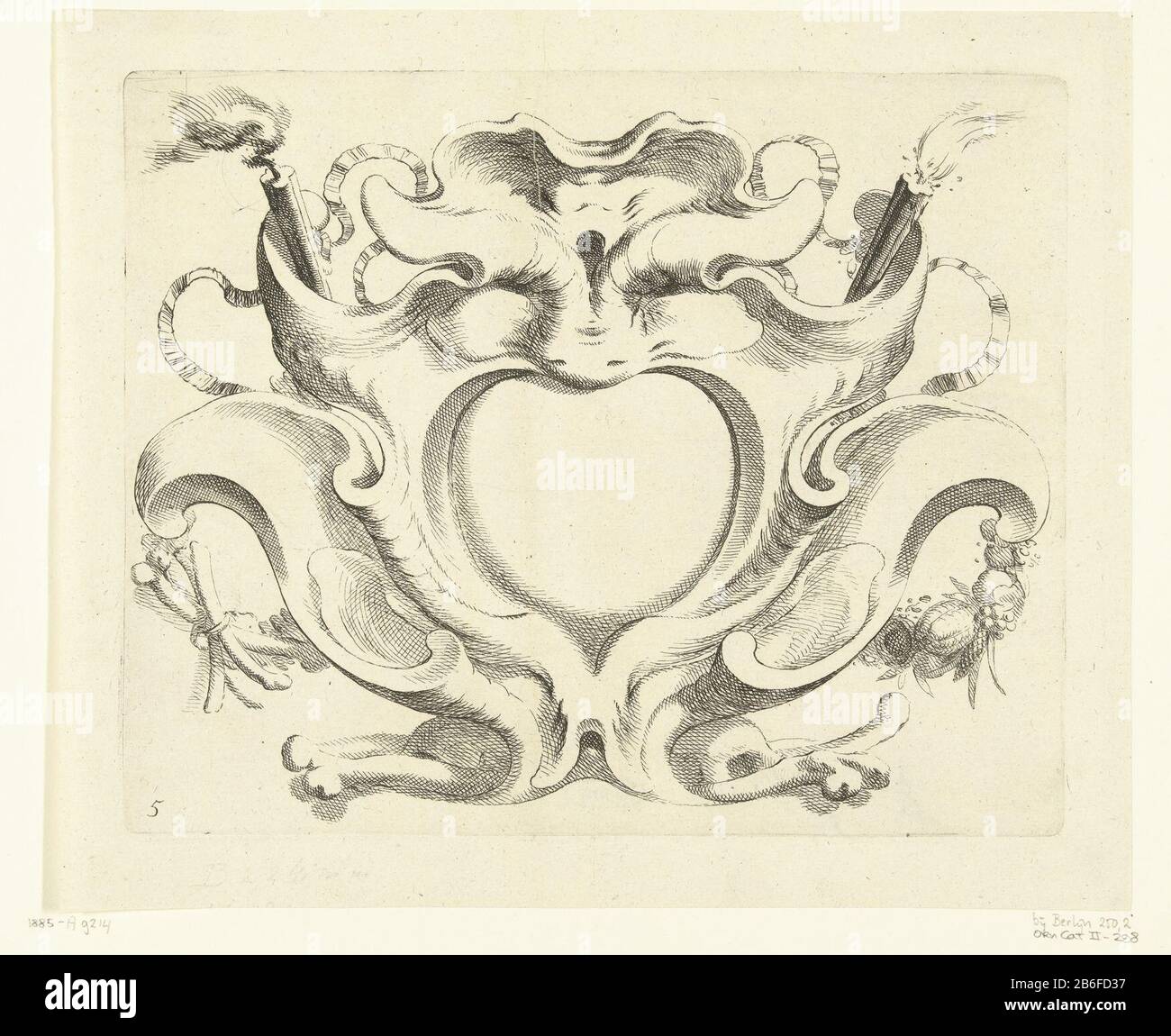 Cartuccia a lobi larghi con compartimento a forma di cuore Alcuni nuovi compartimento mente (titolo della serie) Lobo Cartouche Dove: In cima ad una maschera un grande naso, sotto un cranio e ossa. In alto a sinistra e a destra per vedere una torcia fiammeggiante, a sinistra sotto un trofeo ossa e a destra un trofeo di frutta e bloemen. Produttore : produttore John Lutma (1624-1689) Designed by John Lutma (1624-1689) Editore: Frederick WitPlats manufacturing: Amsterdam Dating: CA. 1653 - ca. 1655 Materiale: Carta Tecnica: Dimensioni incisione: Bordo lastra: H 182 mm × W 224 mm Oggetto:  ornamento cartuccia trofeo, vale a dire: Decorazione o Foto Stock