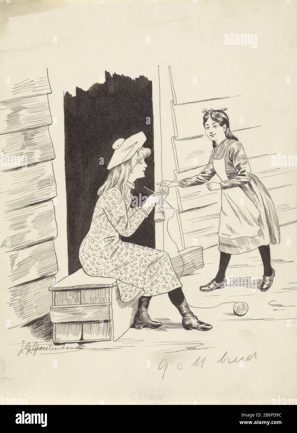 Maglieria ragazza e una cameriera in una porta aperta Per una porta siede una ragazza in una scatola di legno per lavorare a maglia. La sfera di lana giacente a terra. Una cameriera, indossando un vestito con grembiule e un arco nei suoi capelli, cammina su e mette la mano destra verso la porta. Verso parte di un potloodtekening. Produttore : artista Johan Georg Barley Hauer Zimmerman (firmato personalmente) Data: 1868 - 1931 caratteristiche Fisiche: Penna e pennello in inchiostro indiano e matita materiale: Carta inchiostro indiano matita Tecnica: Penna / pennello dimensioni: H 197 mm × W 146 mm Oggetto: aperto da ragazza di maglia (bambino fra toddler e gioventù) Foto Stock