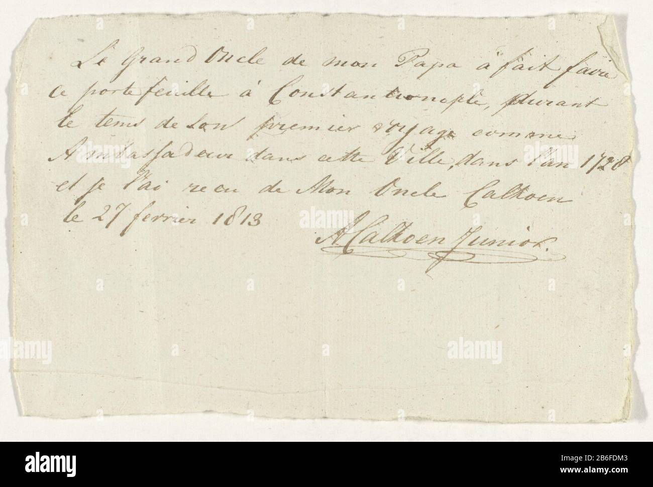 Breve lettera in francese di Abraham Calkoen junior. Produttore : produttore Abraham Calkoen Luogo produzione: Paesi Bassi Data: 27 febbraio 1813 Materiale: Carta Tecnica: Formato lettera : h 110 mm × W 164 mmOnderwerpWie Abraham Calkoen Cornelis Calkoen Foto Stock