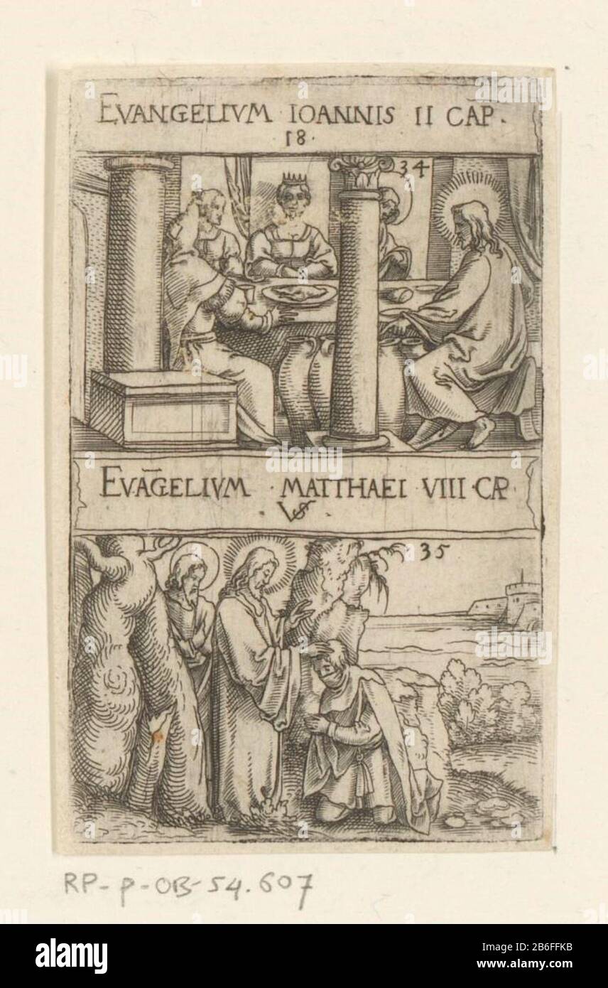 Matrimonio a Cana e cura di Un lebbroso Due spettacoli sopra l'altro. La stampa è numerata al centro superiore: 18. Le prestazioni sono numerate separatamente: 34 e 35. Produttore : stampatore: Virgil Solis (indicato sull'oggetto) Luogo di fabbricazione: Nürnberg Data: 1524 - 1562 Materiale: Carta Tecnica: Engra (processo di stampa) / dimensioni di incisione: Bordo della lastra : h 80 mm × 50 b mmToelichtingDeze picture fa parte di una serie composta da 27 stampe numerate. Le immagini mostrano due scene sempre più evangeliche sovrapposte. Tutte le performance tranne la parte superiore della prima immagine sono anche separatamente Foto Stock