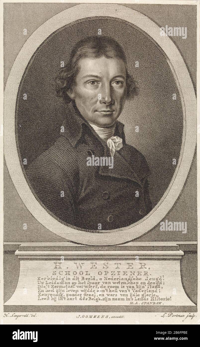 Busto Ritratto dell'insegnante Hendrik Wester Sul piedistallo un ode a sei linee in olandese . Produttore : printmaker: Ludwig Gottlieb Portman (listed building) for drawing H. Langerveld (listed building) editore: Jan Oomkens (listed building) autore: Hajo Albert Spandaw (listed property) Luogo produzione: Printmaker unknown publisher Groningen Dating: 1787 - 1844 Caratteristiche Fisiche: Stippelets and etching material: Paper Technique: Stippelets / etch dimensions: Foglio: Foglio: H 172 mm × W 107 mmOnderwerpWie Hendrik Wester Foto Stock
