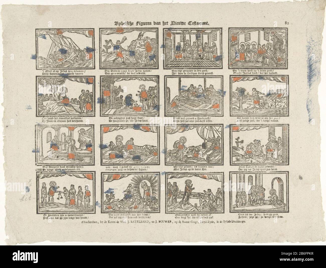 Bybel Sche figure del nuovo Testamento (oggetto del titolo) foglia con 16 scene storie dal nuovo Testamento. Sotto ogni immagine un verso a due linee. Numerato in alto a destra: 82. Produttore : Editore: The Inherit the Widow Ratelband J. and J. Bouwer (listed building) printmaker: Anonymous Place manufactured: Publisher: Amsterdam Print autore: Netherlands Data: CA. 1782 - ca. 1793 caratteristiche Fisiche: Legno tagliato colorato in blu, giallo e arancione; testo materiale di stampa: Carta Tecnica: Legno / stampa / colore dimensioni: Foglio: H 315 mm × W 420 mm Oggetto: Nuovo Testamento Quando: 1750 - 1800 Foto Stock