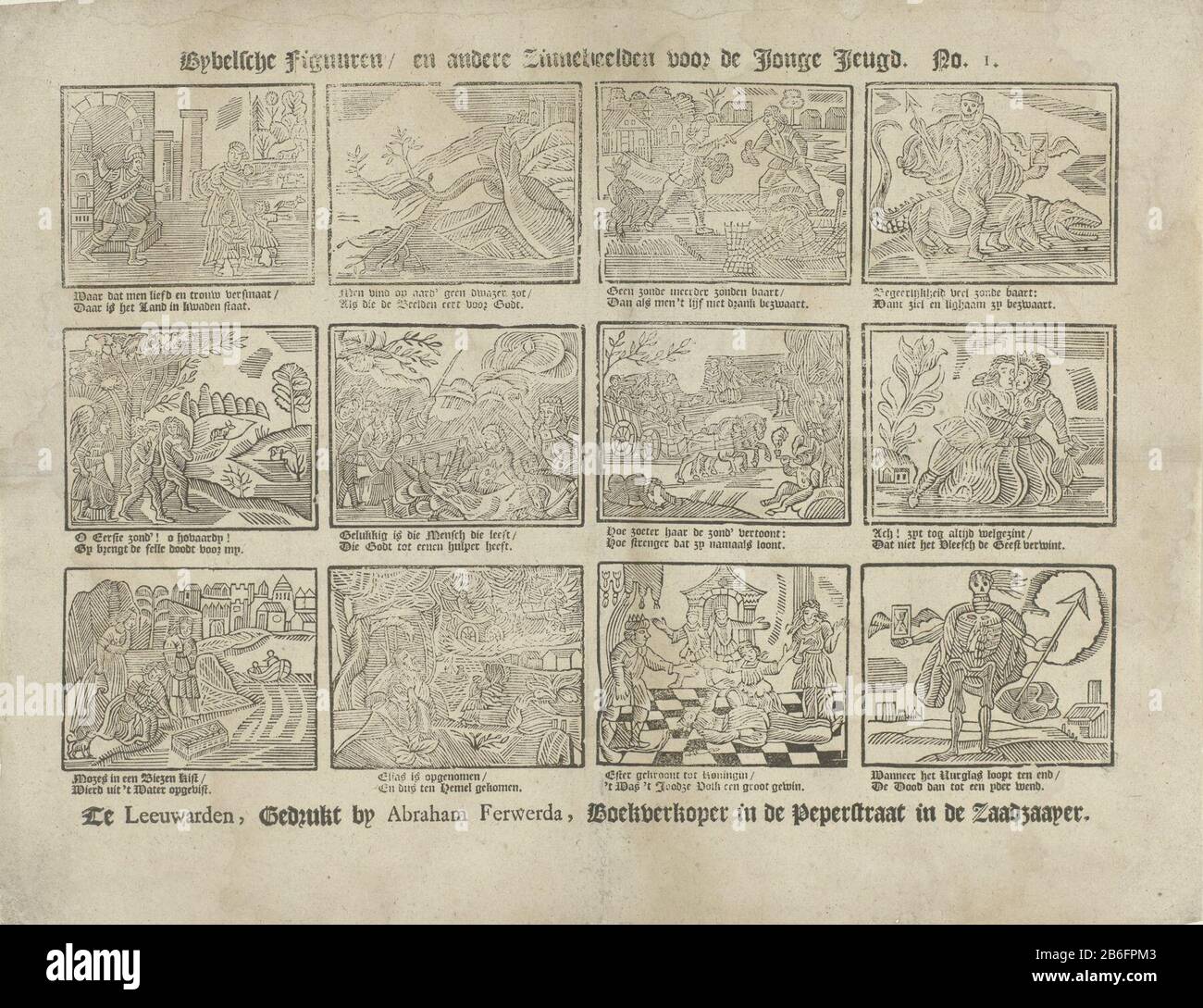 Bybel Serbo figure e altri simboli per i giovani (oggetto del titolo) foglio 12 rappresentazioni di storie dalla Bibbia e immagini moralizzanti, Dove: Tra Adamo ed Eva e l'espulsione dal paradiso, Mosè ha trovato e una rappresentazione della morte. Sotto ogni mostra un versetto a due righe. Numerato in alto a destra: N. 1. Produttore : stampante Abraham Ferwerda (edificio elencato) tipografo: Anonymous luogo fabbricazione: Leeuwarden Datato: 1737 - 1781 caratteristiche Fisiche: Legno tagliato e testo materiale di stampa: Carta Tecnica: Legno / stampa formati: Foglio: H 289 mm × W 374 mm Oggetto: Vecchio Testamenteespulsione di Foto Stock