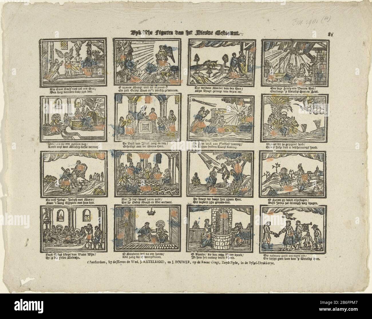 Bybel Sche figure del nuovo Testamento (oggetto del titolo) foglia con 16 scene storie dal nuovo Testamento. Sotto ogni immagine un verso a due linee. Numerato in alto a destra: 81. Produttore : Editore: The Inherit the Widow Ratelband J. and J. Bouwer (listed building) printmaker: Anonymous Place manufactured: Publisher: Amsterdam Print autore: Netherlands Data: CA. 1782 - ca. 1793 caratteristiche Fisiche: Legno tagliato colorato in blu, giallo e arancione; testo materiale di stampa: Carta Tecnica: Legno / stampa / colore dimensioni: Foglio: H 333 mm × W 420 mm Oggetto: Nuovo Testamento Quando: 1750 - 1800 Foto Stock