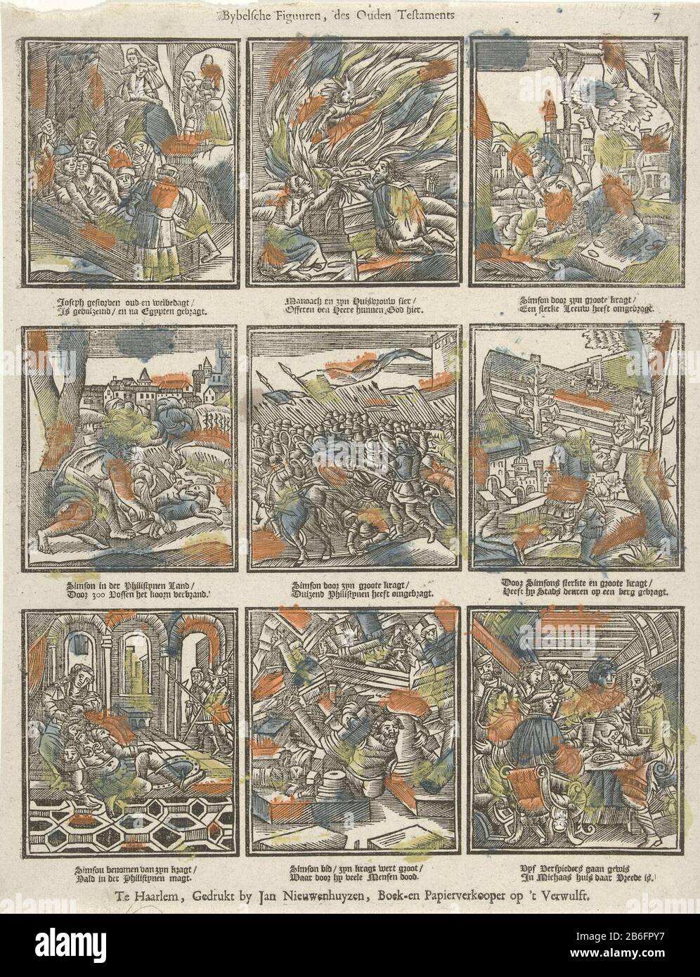 Bybelsche Figuuren, The Ancients Testaments (oggetto del titolo) Leaf con nove scene della storia di Giuseppe e Sansone dell'Antico Testamento. Sotto ogni immagine una poesia a due righe. Numerato in alto a destra: 7. Produttore : Editore: Jan Nieuwenhuyzen (edificio elencato) printmaker: Anonimo luogo fabbricazione: Editore: Haarlem Stampa autore: Netherlands Data: 1743 - 1758 caratteristiche Fisiche: Legno colorato in giallo, blu e arancio; testo materiale di stampa: Carta Tecnica: Legno / stampa / colore dimensioni: Foglio: H 370 mm × W 285 mm Oggetto: Il tempo di Sansone  il libro di Giudice Quando: 1750 - 180 Foto Stock