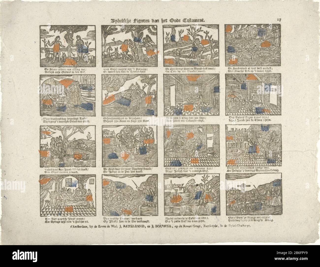 Bybel Sche figure del foglio OT (oggetto del titolo) con 16 rappresentazioni di storie del Vecchio Testamento . Sotto ogni immagine un verso a due linee. Numerato in alto a destra: 17. Produttore : Editore: The Inherit the Widow Ratelband J. and J. Bouwer (listed building) printmaker: Anonymous Place manufactured: Publisher: Amsterdam Print autore: Netherlands Data: CA. 1782 - ca. 1793 caratteristiche Fisiche: Legno tagliato colorato in blu, giallo e arancione; testo materiale di stampa: Carta Tecnica: Legno / stampa / colore dimensioni: Foglio: H 310 mm × W 405 mm Oggetto: Vecchio Testamento Quando: 1750 - 1800 Foto Stock