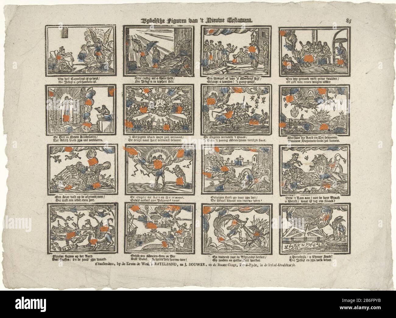 Bybel Sche figure del nuovo Testamento (oggetto del titolo) foglio con 16 scene storie dal nuovo Testamento. Sotto ogni immagine un verso a due linee. Numerato in alto a destra: 85. Produttore : Editore: The Inherit the Widow Ratelband J. and J. Bouwer (listed building) printmaker: Anonymous Place manufactured: Publisher: Amsterdam Print autore: Netherlands Data: CA. 1782 - ca. 1793 caratteristiche Fisiche: Legno tagliato colorato in blu, giallo e arancione; testo materiale di stampa: Carta Tecnica: Legno / stampa / colore dimensioni: Foglio: H 315 mm × W 425 mm Oggetto: Nuovo Testamento Quando: 1750 - 1800 Foto Stock