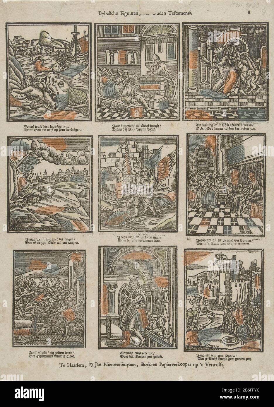 Bybelsche Figuuren, The Ancients Testaments (title object) Bybel Serbo figure, The Old Testament (title object) Tipo Di Proprietà: Print people picture numero articolo: RP-P-OB-84.350Catalogusreferentie: FMH 3983-8 (a) Descrizione: Foglio 9 scene storie dal vecchio Testamento, Giona a Joab. Sotto ogni immagine una poesia a due righe. Numerato a destra: 8. Produttore : editore: John Nieuwenhuyzen (indicato sull'oggetto) produttore di stampe: Anonymous location manufactured: Editore: Haarlem Stampa autore: The Netherlands Data: 1743 - 1758 caratteristiche Fisiche: Legno blocco colorato in verde e arancione; testo printi Foto Stock