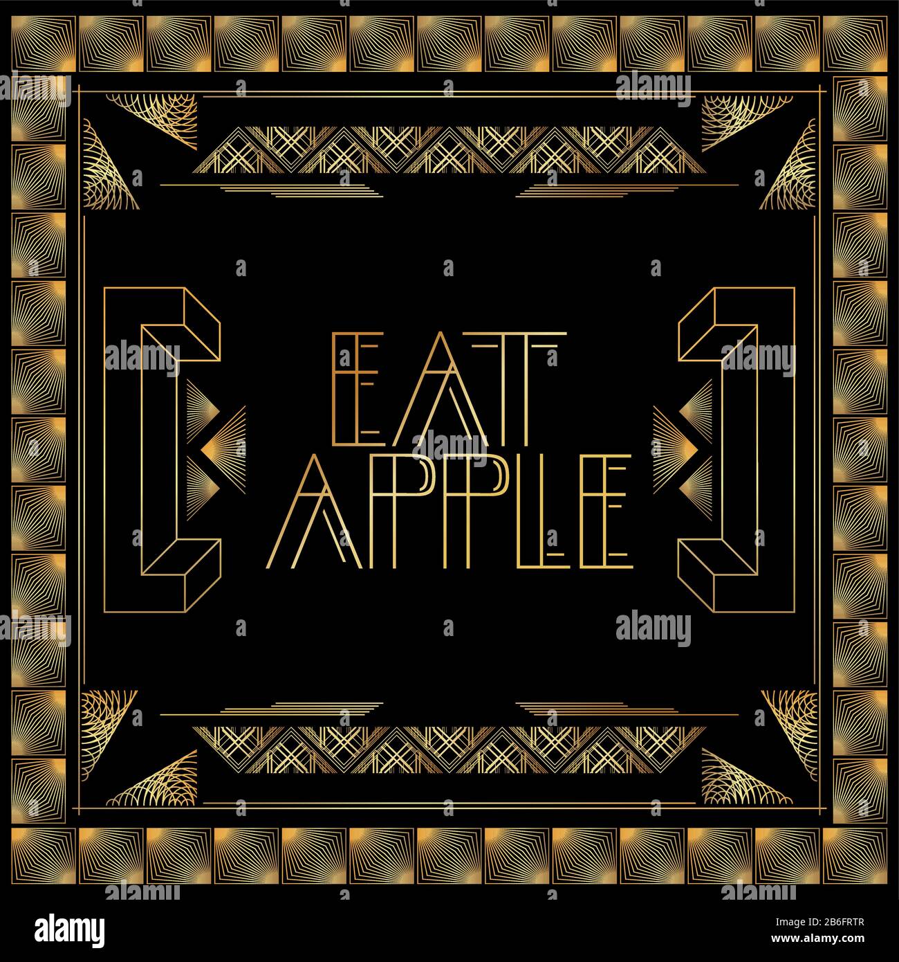 Art Deco Mangiare Testo Apple. Biglietto d'auguri decorativo dorato, segno con lettere vintage. Illustrazione Vettoriale