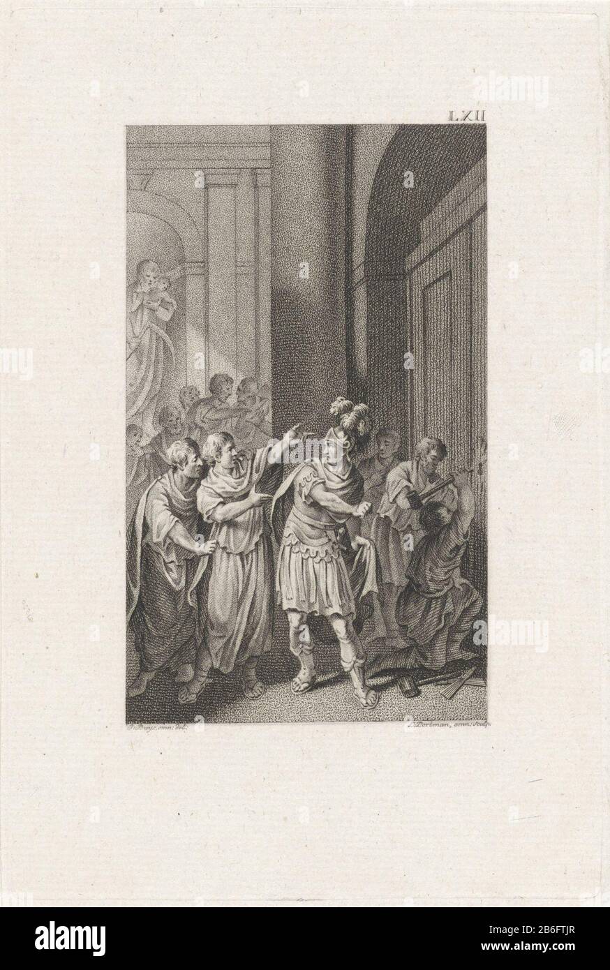 Cesare nel tempio di Saturno il tempio di Saturno è Metellus da Cesare con morte minacciata. Caesar ruba tutti gli oggetti di valore dalla tempesta. Produttore : tipografia: Ludwig Gottlieb Portman (indicato sull'oggetto) al disegno di: Jacobus Acquista (indicato sull'oggetto) Luogo fabbricazione: Amsterdam Data: 1800 caratteristiche Fisiche: Stiletti e materiale di incisione: Carta Tecnica: Stiletti / dimensioni di incisione: Bordo della lastra: H 200 mm × W 133 mmToelichtingIllustratie di: Stuart, Martinus. Storie romane, Sezione XVII, pag. 172. Amsterdam: Johannes Allart, 1800. Oggetto: Rapporti aggressivi di C Foto Stock