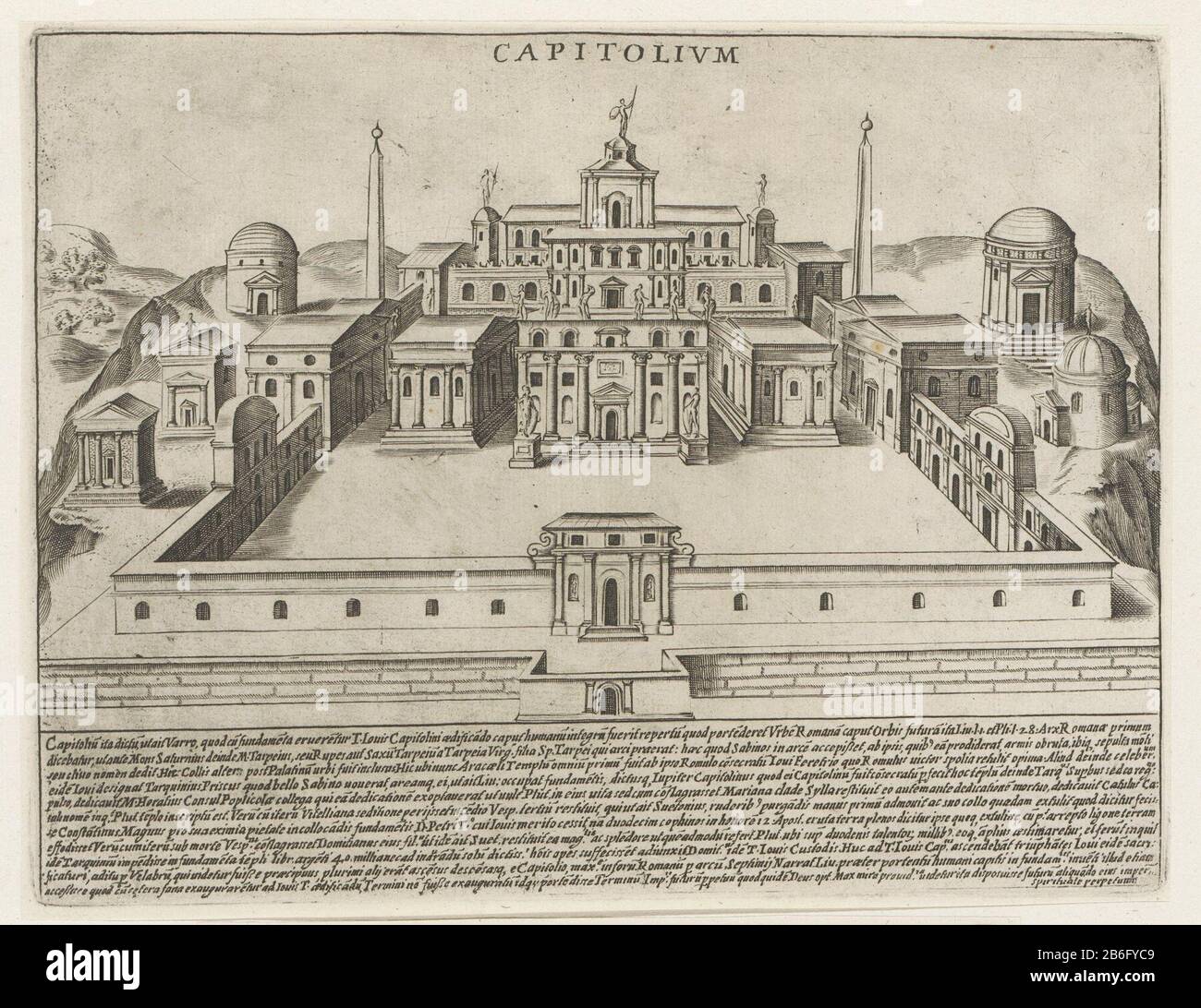 Campidoglio di Roma (oggetto del titolo) Monumenti antichi (seriettel) Antiquae Urbis Splendor (seriettel) Magesyn di edifici Italiani (seriettel) Vista della collina del Campidoglio con diversi edifici e due obelischi. Testo in latino con margine inferiore. La stampa fa parte di un album. Produttore : stampatore: Giacomo Laurodrukker: Giacomo MascardiPlats prodotto: Roma Data: 1612 - 1628 caratteristiche Fisiche: Incisione incollata su foglio di album materiale: Carta Tecnica: Incisione dimensioni: Bordo della lastra: H 181 mm × W 232 mmToelichtingDeze print è una parte un insieme di 158 stampe (stampe + titolo), che era Foto Stock
