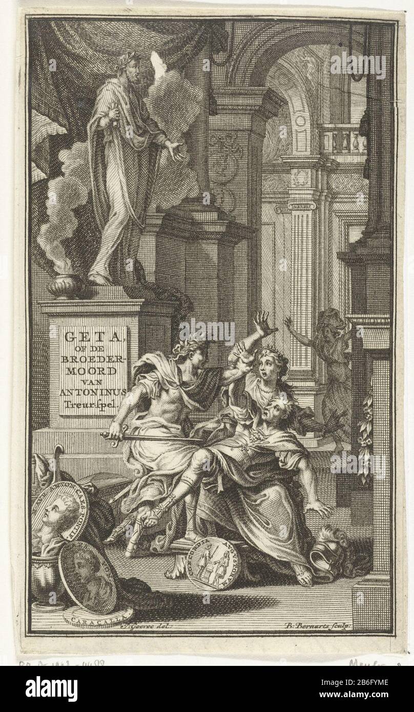 L'imperatore Caracalla uccise suo fratello Geta con il suo pesante d.. Due donne si affrettano verso di lui contro il houden. Produttore HIM stampatore: Balthasar Bernards (proprietà in elenco) a disegno: Jan Goeree (proprietà in elenco) Luogo di produzione: Amsterdam Data: 1713 caratteristiche Fisiche: Engra e materiale di incisione: Carta Tecnica: Engra (processo di stampa) / dimensioni di incisione: Foglio: 143 mm × h b 88 mmToelichtingtelpagina per: Nicholas il Péchantré, geta, o il fratricida di Antony, tragedia. Amsterdam, EGFR. E D. J. Lescailje Rank, 1713 Oggetto: Caracalla ha il suo fratello geta assassinato Foto Stock