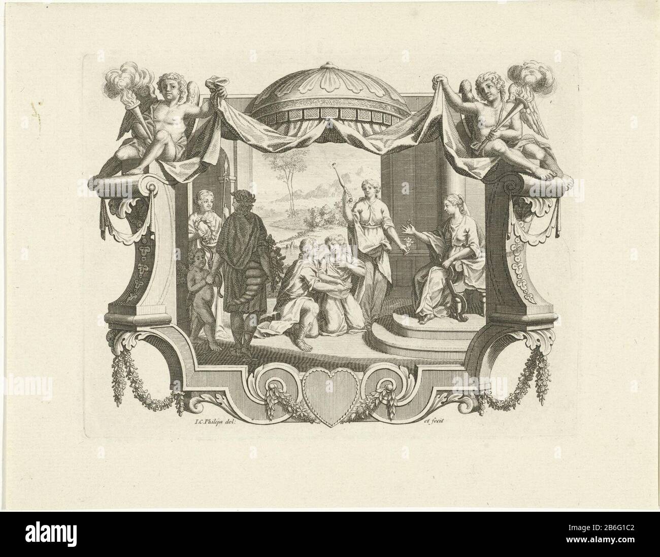 Cartouche con allegoria del matrimonio Allegoria del matrimonio: Una coppia si inginocchia davanti ad una donna che dà un anello. Ha lasciato una donna con una cornucopia in mano, come simbolo della fertilità. Ama Amor sbagliato. Sullo sfondo una vista di un rivierlandschap. Produttore : stampatore Jan Caspar Philips (edificio elencato) nel suo design: Jan Caspar Philips (Proprietà elencata) Luogo di produzione: Amsterdam Data: 1736 - 1775 caratteristiche Fisiche: Acquaforte e engra materiale: Carta Tecnica : acquaforte / engra (processo di stampa) dimensioni: Bordo della lastra: H 125 mm × W 161 mm Oggetto: matrimonio, coppia sposata, 'matrimonio (. Foto Stock