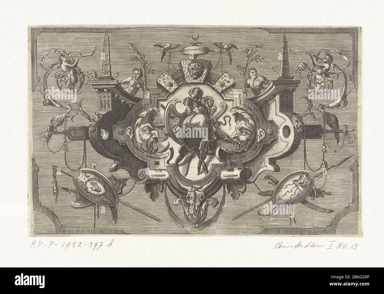 Cartouche con un trofeo arma fiancheggiato da due muratori in profilo Veelderhande cierlijcke compertementen (titolo serie) Cartouche con un trofeo arma fiancheggiato da due muratori in profilo. I murcerons orecchie strambing rotolo lavoro dal suo telaio. Angolo sinistro e destro che soffia un manfiguur su una trazione. In basso a sinistra e a destra un trofeo arma. Parte della serie con la pagina del titolo e 12 bladen. Produttore : stampatore: Harmen Jansz Muller in design: Jacob Floris Editore: Hans Liefrinck (i) Luogo di produzione: Antwerpen Data: 1564 Materiale: Carta Tecnica: Engra (processo di stampa) Misure: PL Foto Stock Cartouche con un trofeo arma fiancheggiato da due muratori in profilo Veelderhande cierlijcke compertementen (titolo serie) Cartouche con un trofeo arma fiancheggiato da due muratori in profilo. I murcerons orecchie strambing rotolo lavoro dal suo telaio. Angolo sinistro e destro che soffia un manfiguur su una trazione. In basso a sinistra e a destra un trofeo arma. Parte della serie con la pagina del titolo e 12 bladen. Produttore : stampatore: Harmen Jansz Muller in design: Jacob Floris Editore: Hans Liefrinck (i) Luogo di produzione: Antwerpen Data: 1564 Materiale: Carta Tecnica: Engra (processo di stampa) Misure: PL Foto Stock