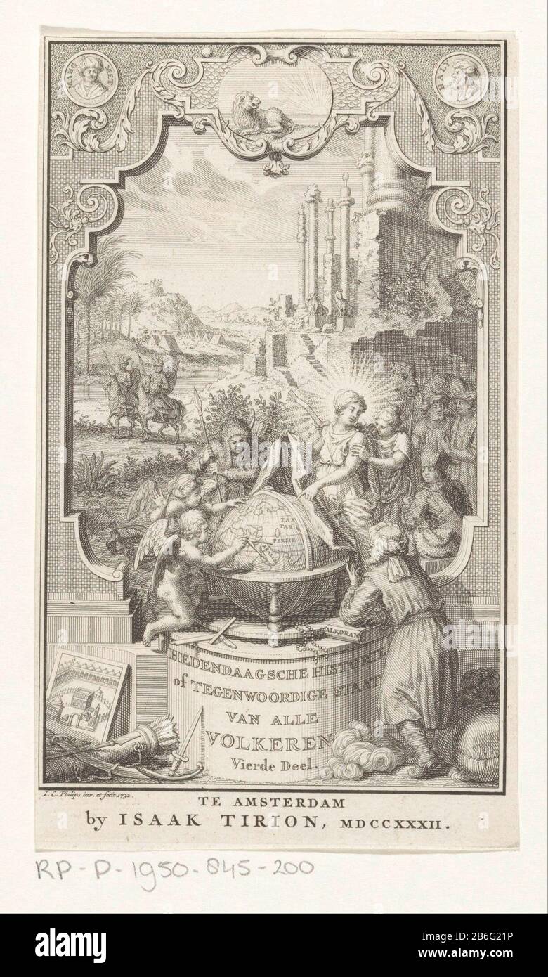 Cartouche con volto sul tempio antico titolo pagina per Thomas Salmon, Moderna storia dello Stato e stato attuale di tutti i popoli, Parte IV, 1732 Paesaggio con palma e le rovine di un antico tempio. In primo piano hanno arabi, persiani e putti raggruppati in tutto il mondo. Lasciato un dipinto Dove: Alla Kaaba in Mecca. Su un piedistallo il titolo in olandese. L'idea è contenuta in un cartouche negli angoli superiori medaglioni ritratti di Mohammed e Haly. Produttore : stampatore Jan Caspar Philips (edificio elencato) nel suo design: Jan Caspar Philips (edificio elencato) Editore: Isaak Tirion ( elencato su ob Foto Stock