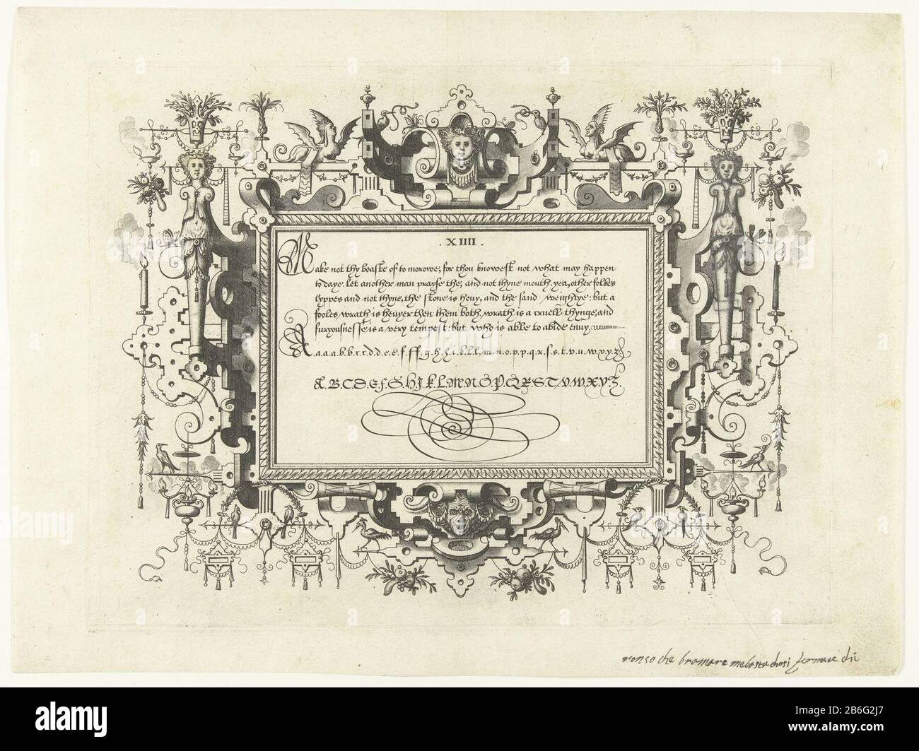 Cartouche con calligrafia, su entrambi i lati una femmina hermeExercitatio alfabetica nova et utillissima ... (Titolo della serie) Tipo Di Oggetto: Immagine ornamento immagine numero di serie: 14 / 35Objectnummer: RP-P-1977-145Catalogusreferentie: ORN Cat i 176.11 Iscrizioni / marchi: Iscrizione, vero centro inferiore, scritto a mano, '15a 4 / 77'opschrift, recto bottom margine destro della piastra esterna, scritto a mano, 'Nonche so bromare Meba stu CHOSi fermare' Descrizione ( IXleaf). Cartouche con il testo Non Rendere la tua boaste .... Entrambi rimescolando portando un cesto pieno di frutta e viti sulla testa. Dalla serie di 21-nu Foto Stock