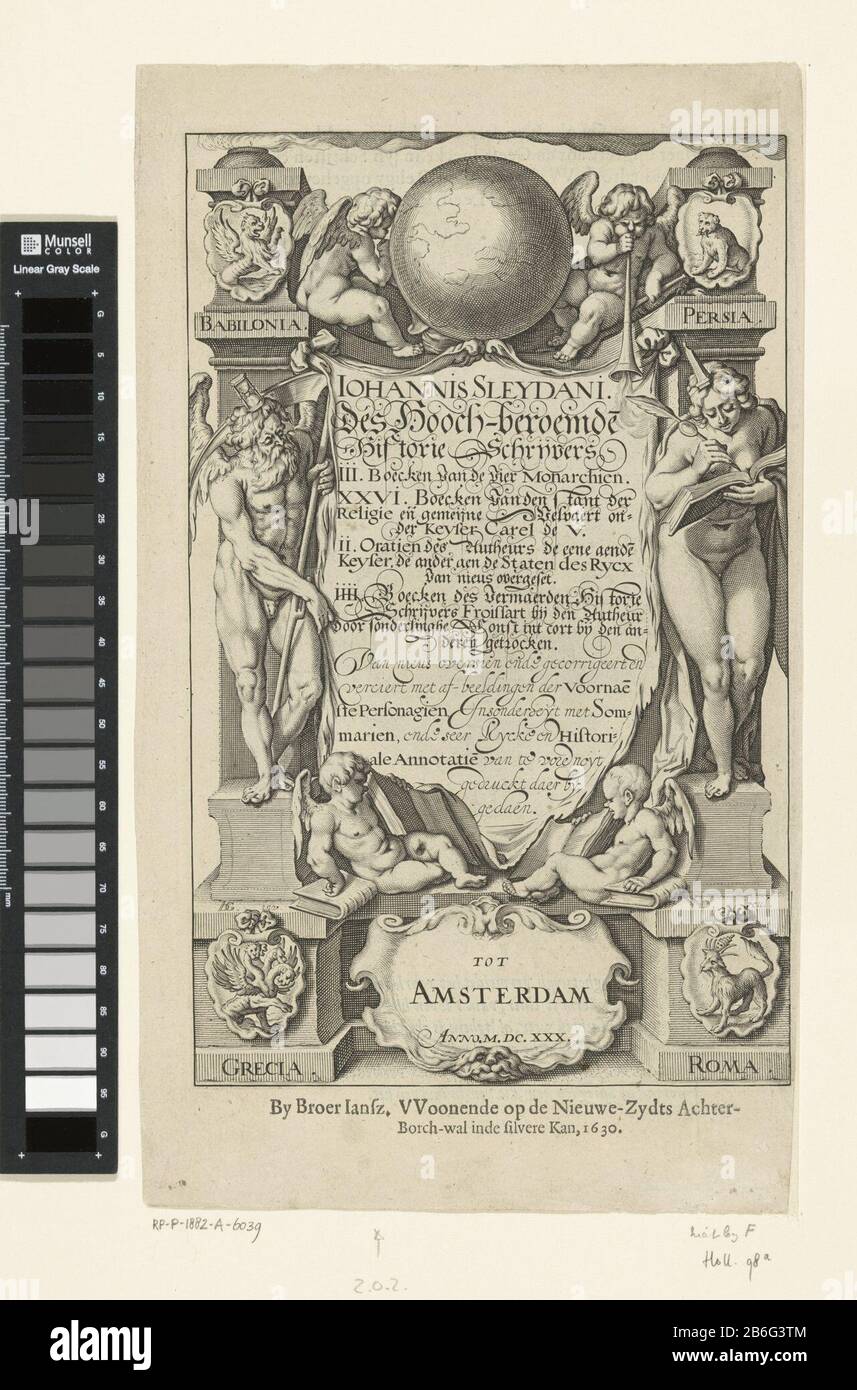 Titolo cartouche con figure allegoriche e Padre Tempo e Storia pagina titolo III boecken per le quattro monarchie, Amsterdam 1630 Cartouche ha incontrato ttel en allegorische figuren. Vader Tijd en Geschiedenis staand aan weerszijden, boven Globe en twee kleine engelen met bazuinen, onder op scantinato twee kleine engelen met opengeslagen boeken. Vier schilden ha incontrato fantasiedieren verwijzen naar koninkrijken: Abilonia, Persia, Grecia en Roma. Produttore : Pentmaker: Willem Jacobsz. Delff (vermeld op object)naar ontwerp van: Jacob de Gheyn (vermeld op object)uitgever: Broer Jansz. (Amsterdam) (Vermeld Foto Stock