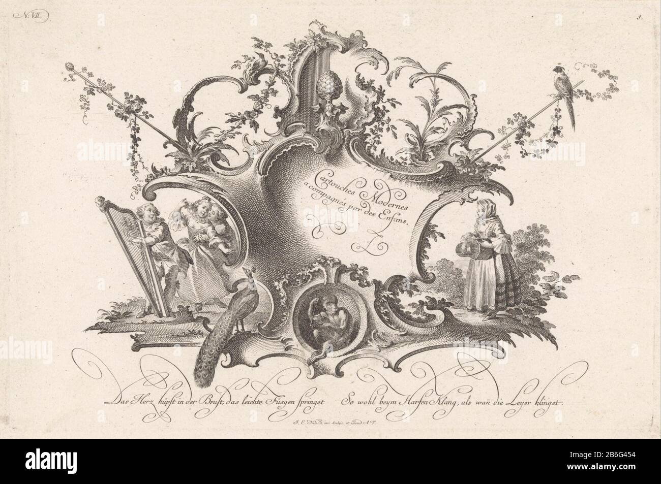 una rocaille cartouche con un cono di pino coronato. Sotto il cartouche è una scimmia con un triangolo. Links gioca un uomo su una arpa e danza un uomo e una donna. Destra gioca una donna su uno strumento a corde. Nel margine inferiore un testo in tedesco. Numero editore VII. Produttore : stampatore Johann Esaias Nilson (edificio elencato) nel suo disegno: Johann Esaias Nilson (edificio elencato) editore Johann Esaias Nilson (proprietà elencata) Luogo di produzione: Augsburg Data: 1731 - 1788 caratteristiche Fisiche: Acquaforte e engra materiale: Carta Tecnica: Acquaforte / engra (processo di stampa) Misure: Margine del foglio: H: Foto Stock