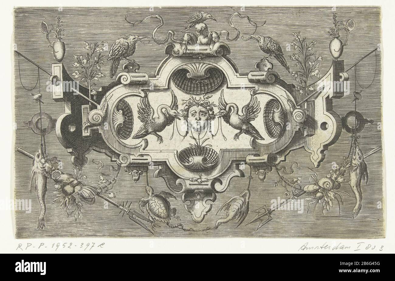 Cartouche con quattro conchiglie e un mastaron fiancheggiato da due cigni Veelderhande cierlijcke compertementen (titolo di serie) Cartouche con quattro conchiglie e un mastaron fiancheggiato da due cigni, in una cornice di scroll work. Quindi due scorie. Sulla cartuccia di due vasi e tre uccelli. Sul cartouche appendono due denti e un tridente pesce e una tartaruga. Parte della serie con la pagina del titolo e 12 bladen. Produttore : stampatore: Harmen Jansz Muller in design: Jacob Floris Editore: Hans Liefrinck (i) Luogo di produzione: Antwerpen Data: 1564 Materiale: Carta Tecnica: Engra (processo di stampa) Misure: Lastra Foto Stock Cartouche con quattro conchiglie e un mastaron fiancheggiato da due cigni Veelderhande cierlijcke compertementen (titolo di serie) Cartouche con quattro conchiglie e un mastaron fiancheggiato da due cigni, in una cornice di scroll work. Quindi due scorie. Sulla cartuccia di due vasi e tre uccelli. Sul cartouche appendono due denti e un tridente pesce e una tartaruga. Parte della serie con la pagina del titolo e 12 bladen. Produttore : stampatore: Harmen Jansz Muller in design: Jacob Floris Editore: Hans Liefrinck (i) Luogo di produzione: Antwerpen Data: 1564 Materiale: Carta Tecnica: Engra (processo di stampa) Misure: Lastra Foto Stock