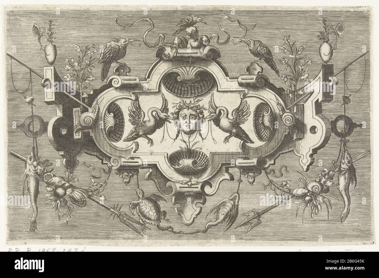 Cartouche con quattro conchiglie e un mastaron fiancheggiato da due cigni Veelderhande cierlijcke compertementen (titolo di serie) Cartouche con quattro conchiglie e un mastaron fiancheggiato da due cigni, in una cornice di scroll work. Quindi due scorie. Sulla cartuccia di due vasi e tre uccelli. Sul cartouche appendere due denti e un tridente pesca e schildpad. Produttore : stampatore: Harmen Jansz Muller alla progettazione: Jacob Floris Editore: Hans Liefrinck (i) Luogo di produzione: Anversa Data: 1564 Materiale: Carta Tecnica: Engra (processo di stampa) dimensioni: Bordo della lastra: H 134 mm × W 207 mm Oggetto: Ornamento  c Foto Stock Cartouche con quattro conchiglie e un mastaron fiancheggiato da due cigni Veelderhande cierlijcke compertementen (titolo di serie) Cartouche con quattro conchiglie e un mastaron fiancheggiato da due cigni, in una cornice di scroll work. Quindi due scorie. Sulla cartuccia di due vasi e tre uccelli. Sul cartouche appendere due denti e un tridente pesca e schildpad. Produttore : stampatore: Harmen Jansz Muller alla progettazione: Jacob Floris Editore: Hans Liefrinck (i) Luogo di produzione: Anversa Data: 1564 Materiale: Carta Tecnica: Engra (processo di stampa) dimensioni: Bordo della lastra: H 134 mm × W 207 mm Oggetto: Ornamento  c Foto Stock